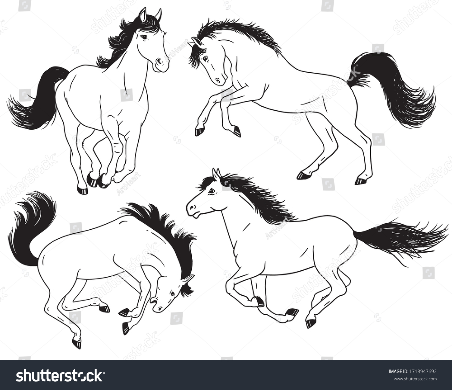 Set Black White Drawings Horses Running Stock Vector (Royalty Free ...