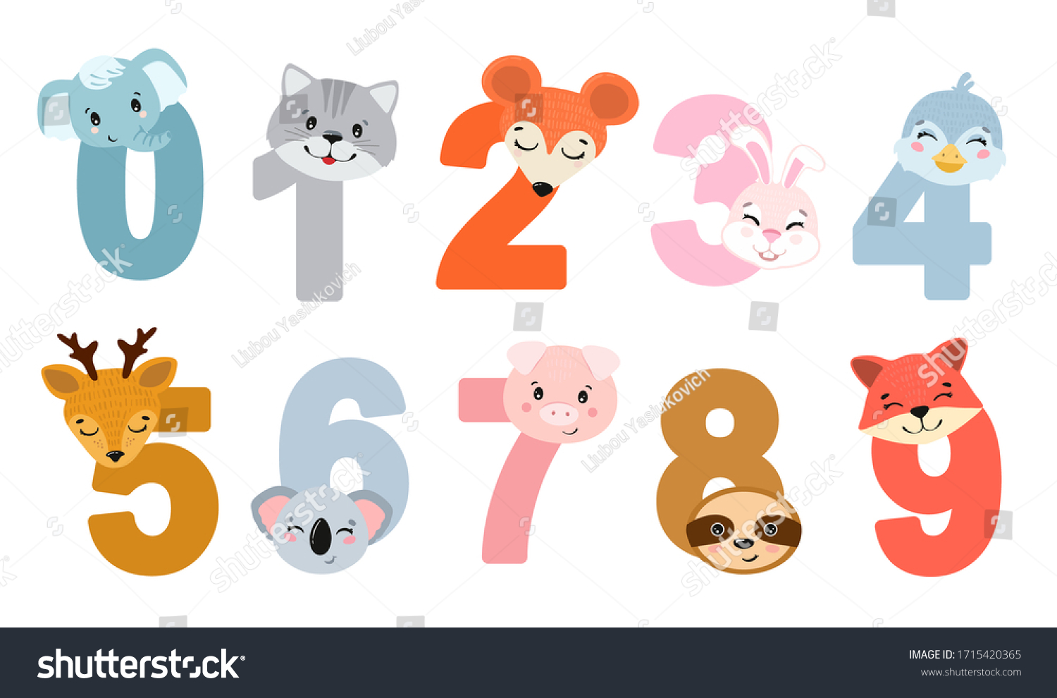 Set Childrens Numbers Animals Vector Illustration Stock Vector (Royalty ...