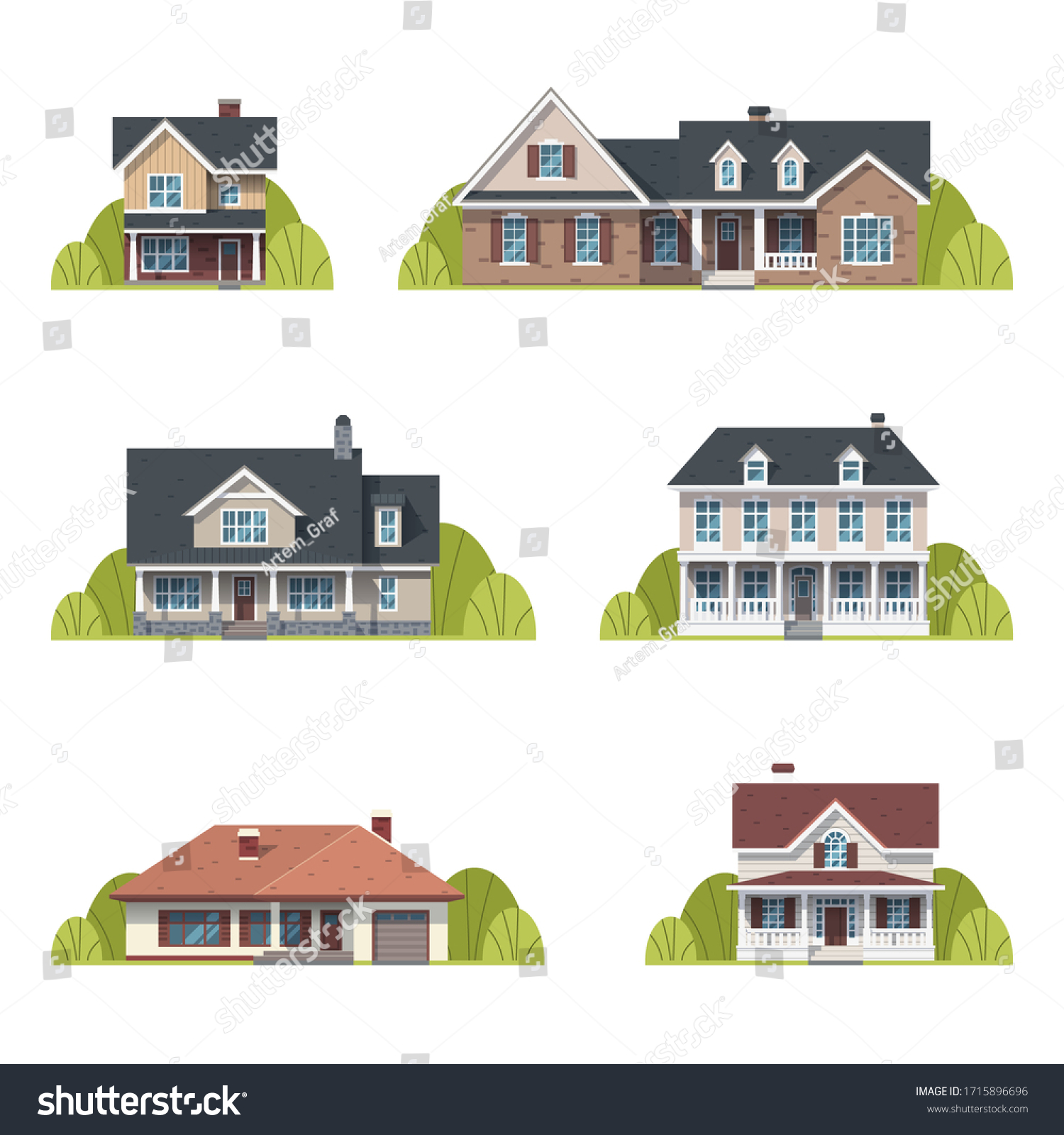 Houses Set Suburban American Houses Exterior Stock Vector (royalty Free 