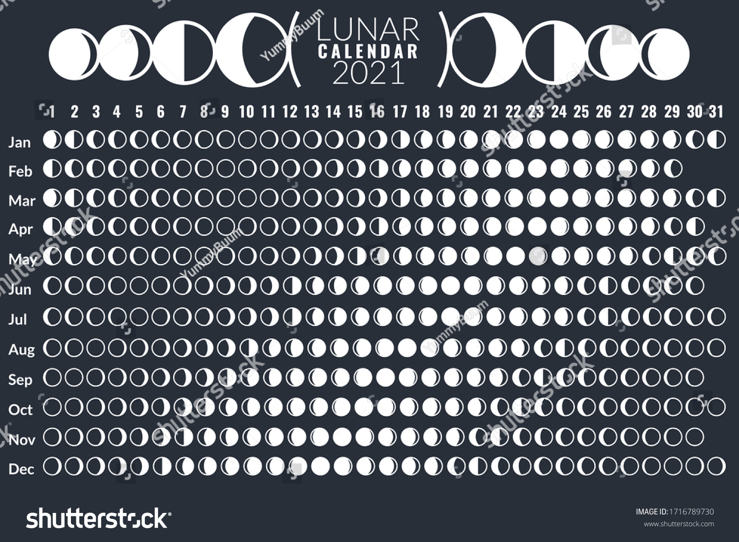 Moon Calendar Lunar Phases Calendar 2021 Stock Vector (Royalty Free