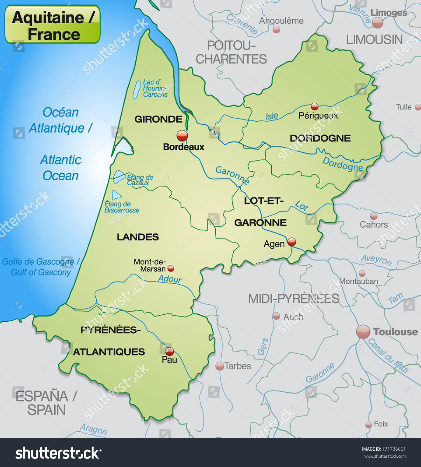 Map Aquitaine Borders Pastel Green Stock Illustration 171736661 ...