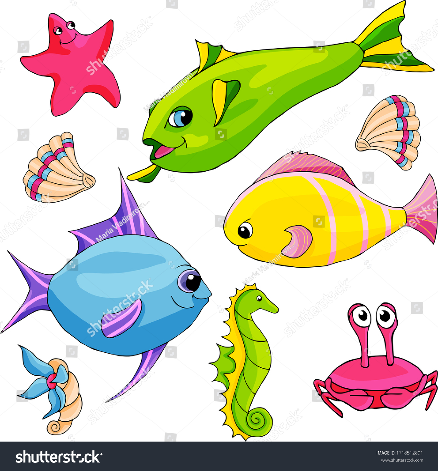 Vector Set Sea Creatures Stock Vector (Royalty Free) 1718512891 ...