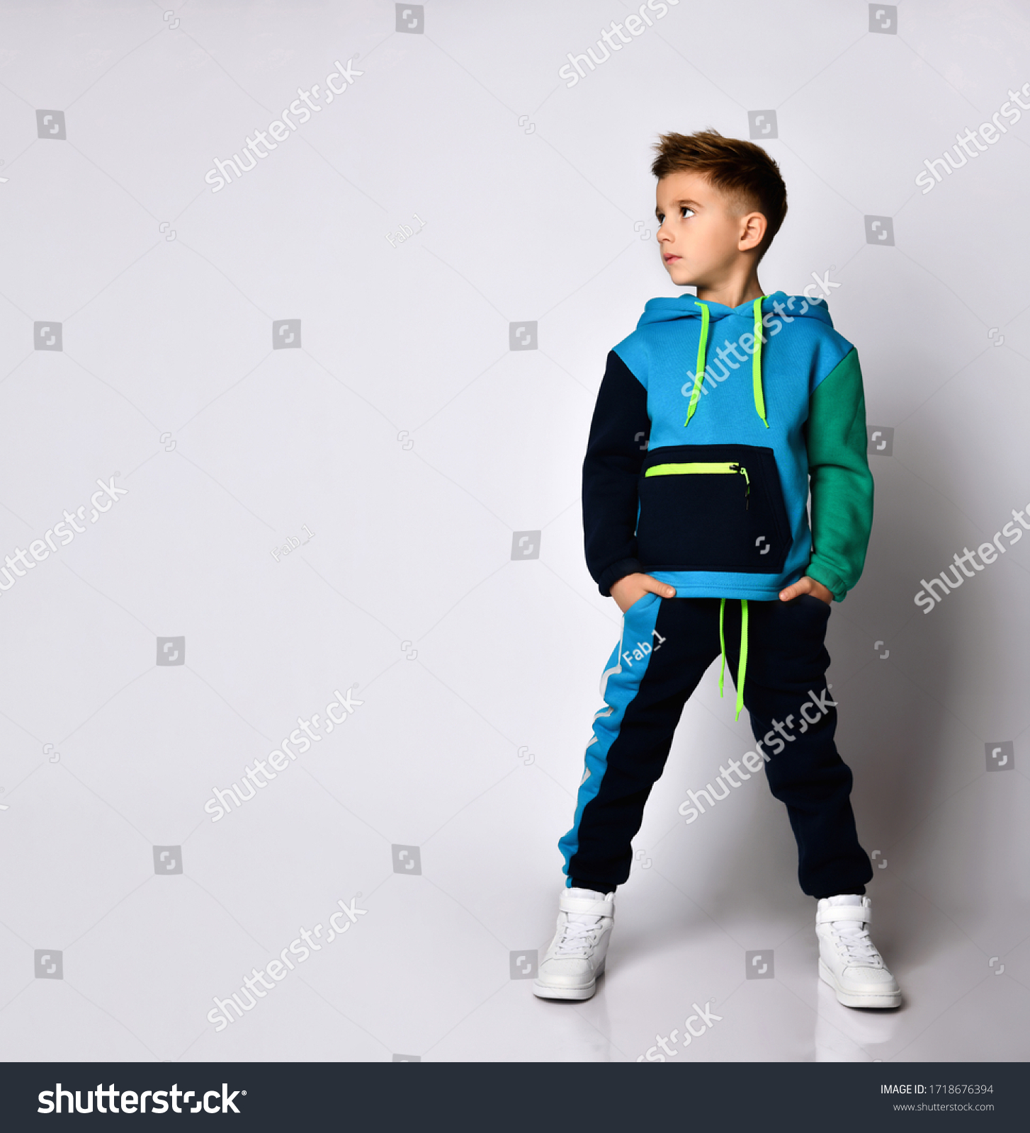 Little Brunette Kid Colorful Tracksuit Sneakers Stock Photo 1718676394 ...