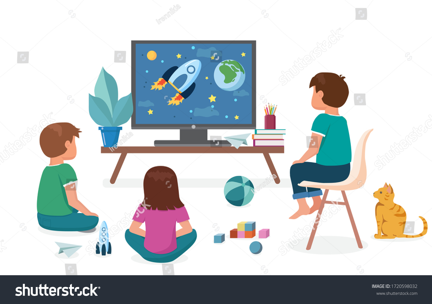 Children Watch Tv Boys Girl Sitting Stock Vector (Royalty Free ...