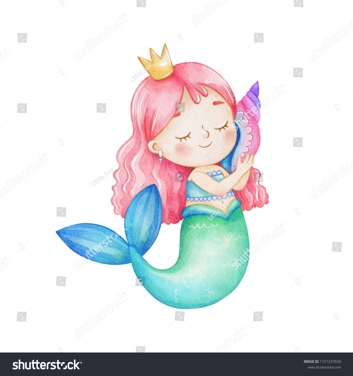白い背景にかわいい人魚の女の子と殻の付いた王冠 青緑の尾にピンクの髪をした漫画風の人魚の絵 水彩紙のテクスチャー のイラスト素材 Shutterstock