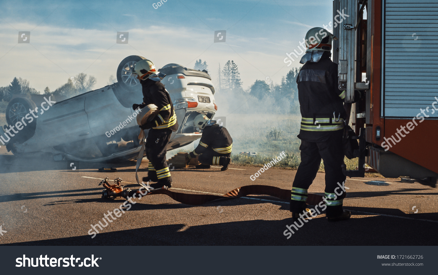 Rescue Team Firefighters Arrive Crash Catastrophe Stock Photo ...