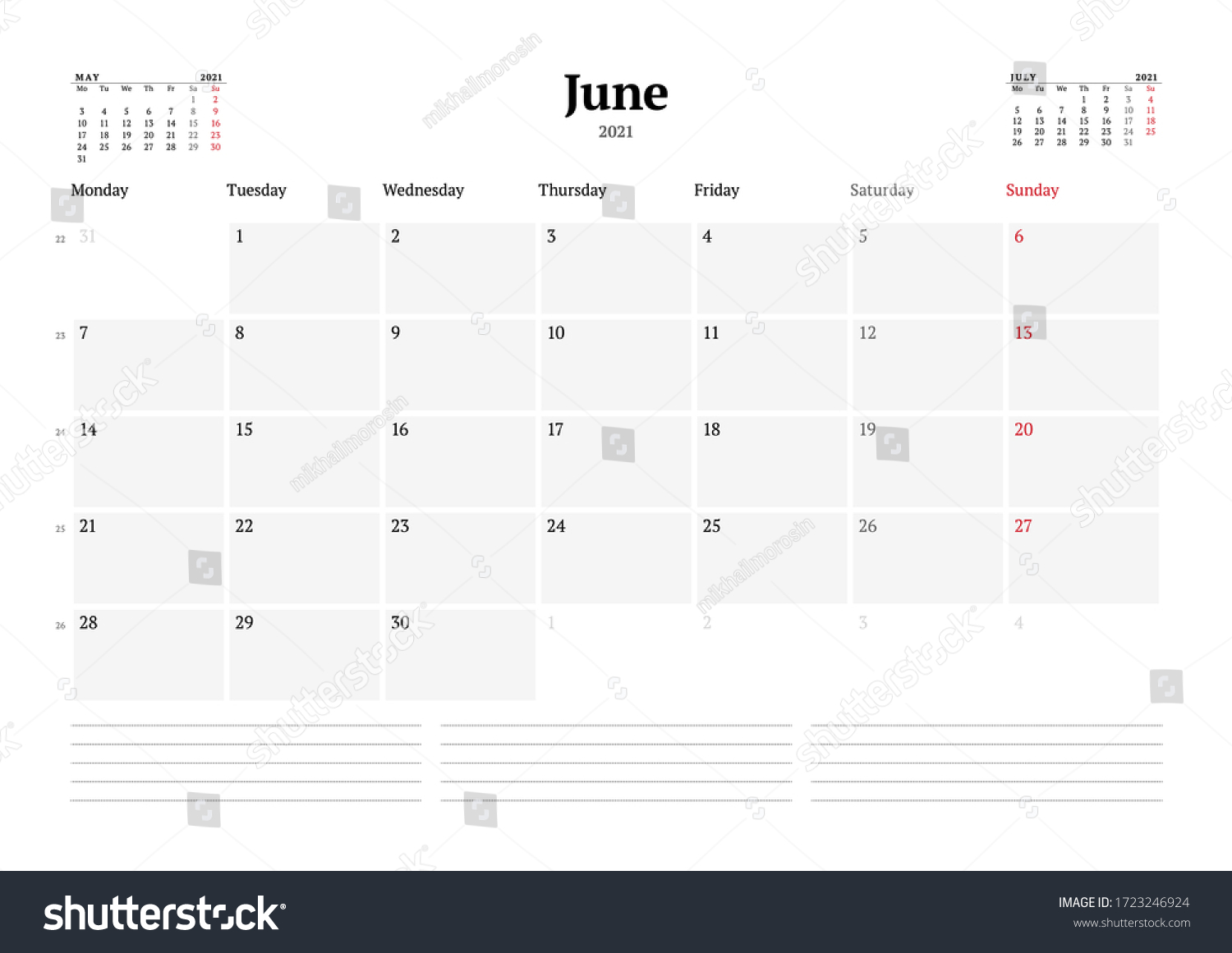 Calendar Template June 2021 Business Monthly Stock Vector (Royalty Free ...