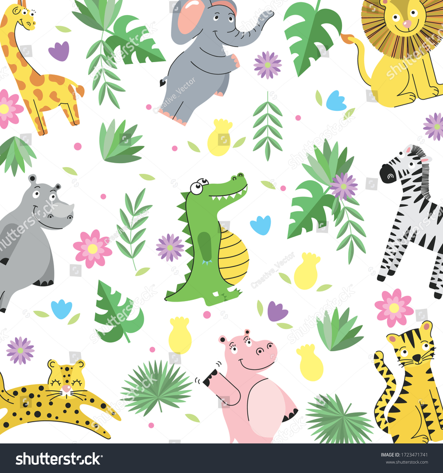 Wild Animals Cartoons Leaves Flowers Pattern Stock Vector (Royalty Free ...