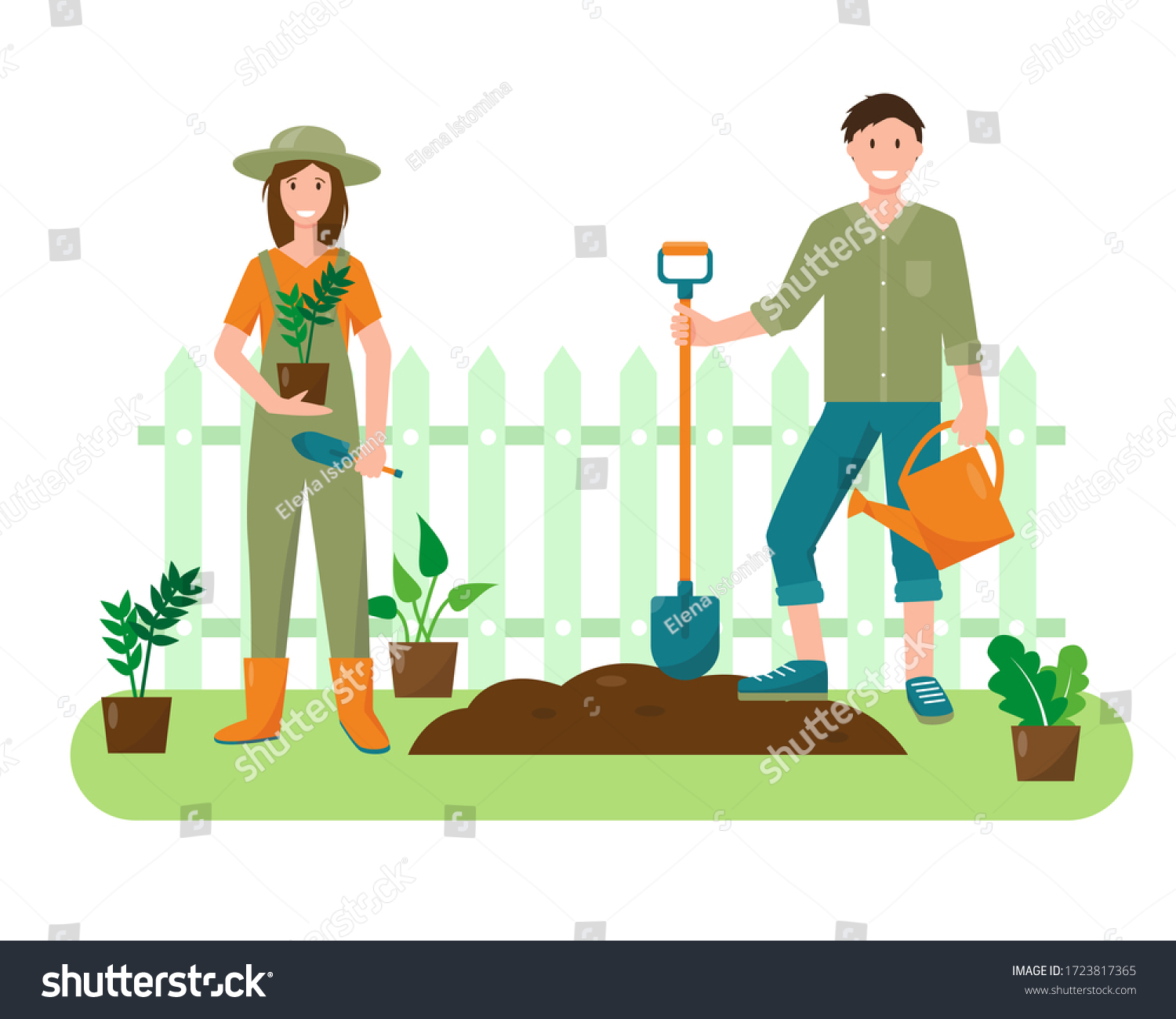 Young Woman Man Plants Gardening Tools Stock Vector (Royalty Free ...