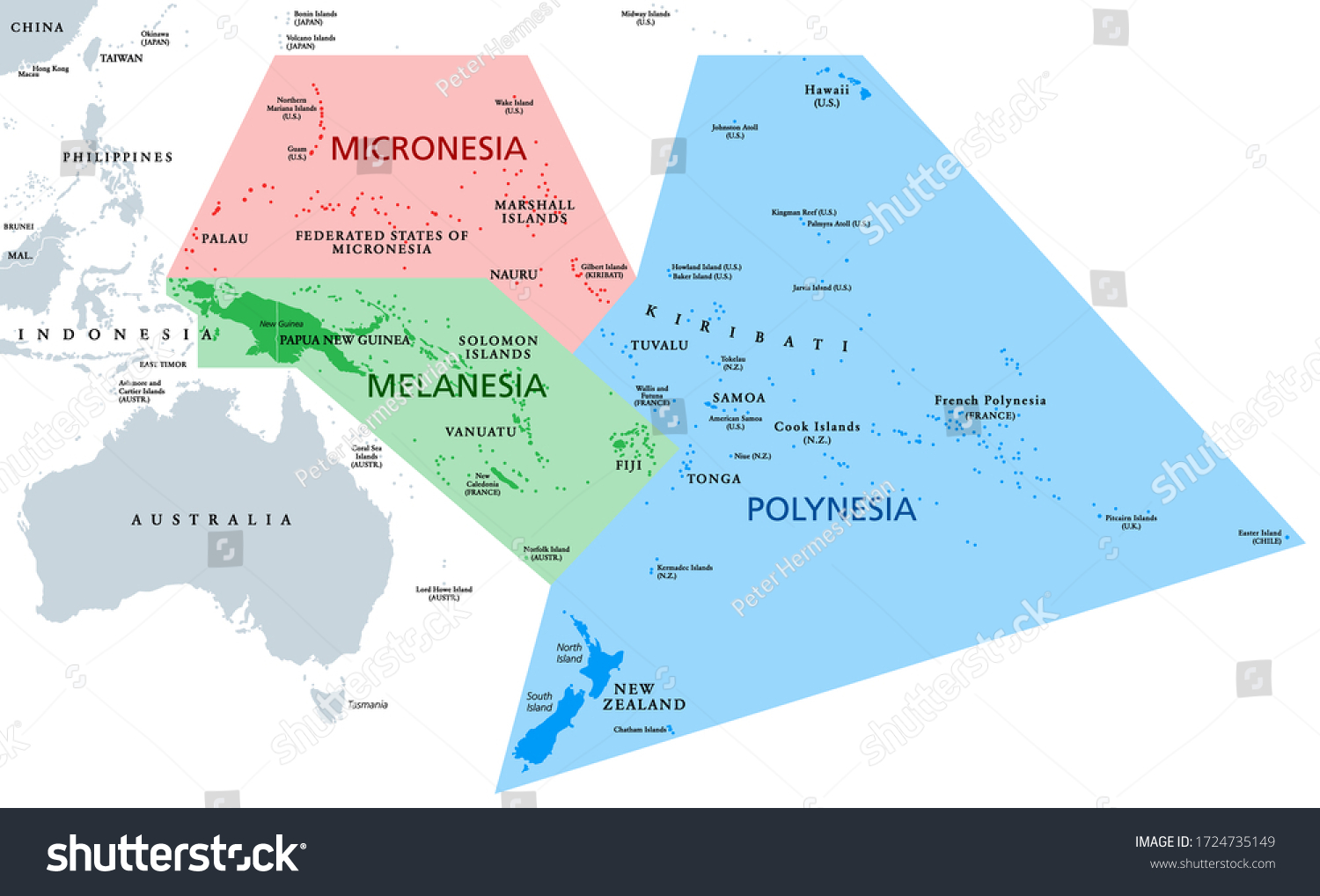 Stock Vector Melanesia Micronesia And Polynesia Political Map Colored Geographic Regions Of Oceania 1724735149 
