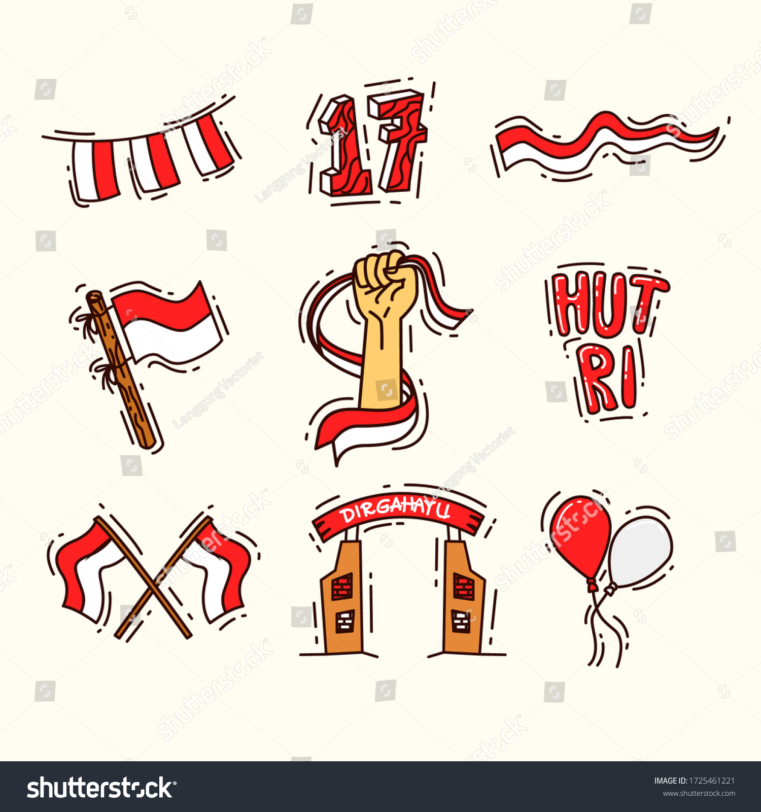 Vektor Stok Indonesia Independence Day Doodle Set Vector (Tanpa Royalti ...