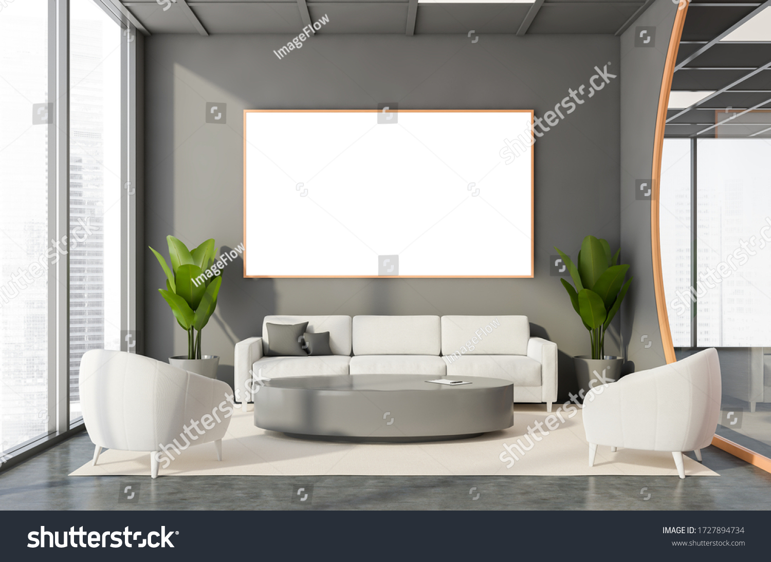 Interior Futuristic Office Waiting Room Gray Stock Illustration   Stock Photo Interior Of Futuristic Office Waiting Room With Gray Walls Concrete Floor Comfortable White Sofa 1727894734 