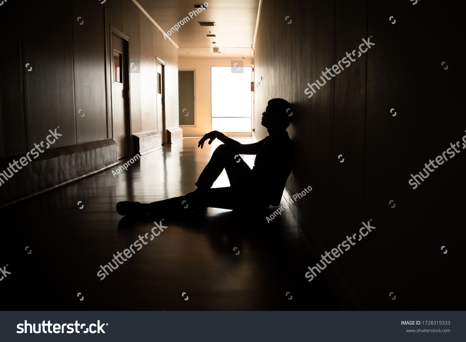 Silhouette Depressed Man Sitting On Walkway Stock Photo 1728319333 ...