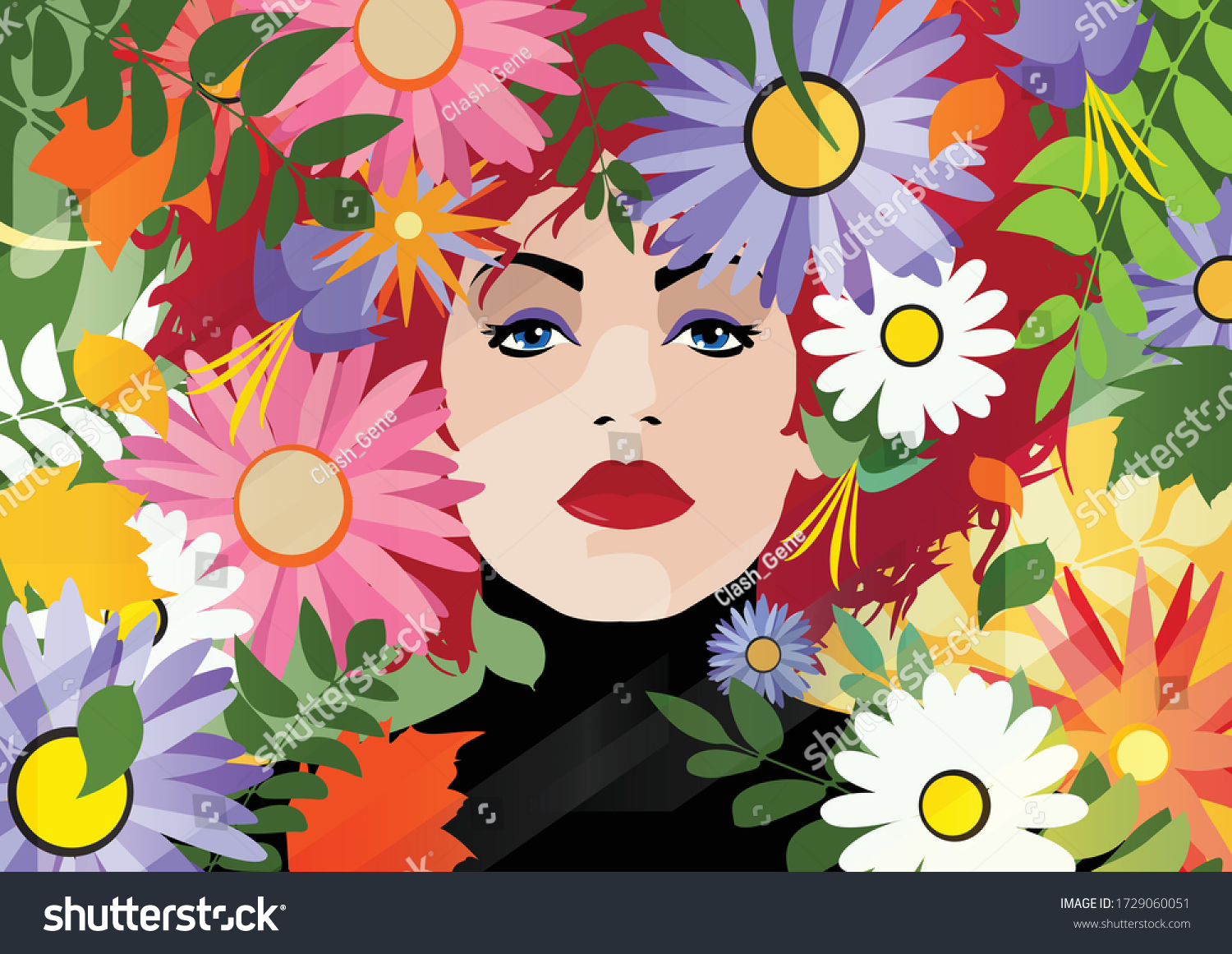 Portrait Woman Flowers Her Hair Vector Stock Vector (Royalty Free ...