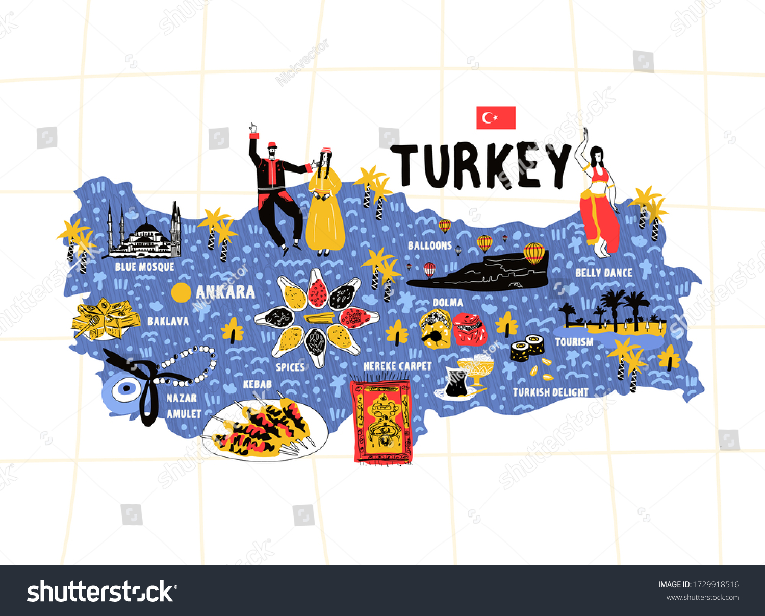 Turkey Map Flat Hand Drawn Vector Stock Vector (Royalty Free) 1729918516  Shutterstock