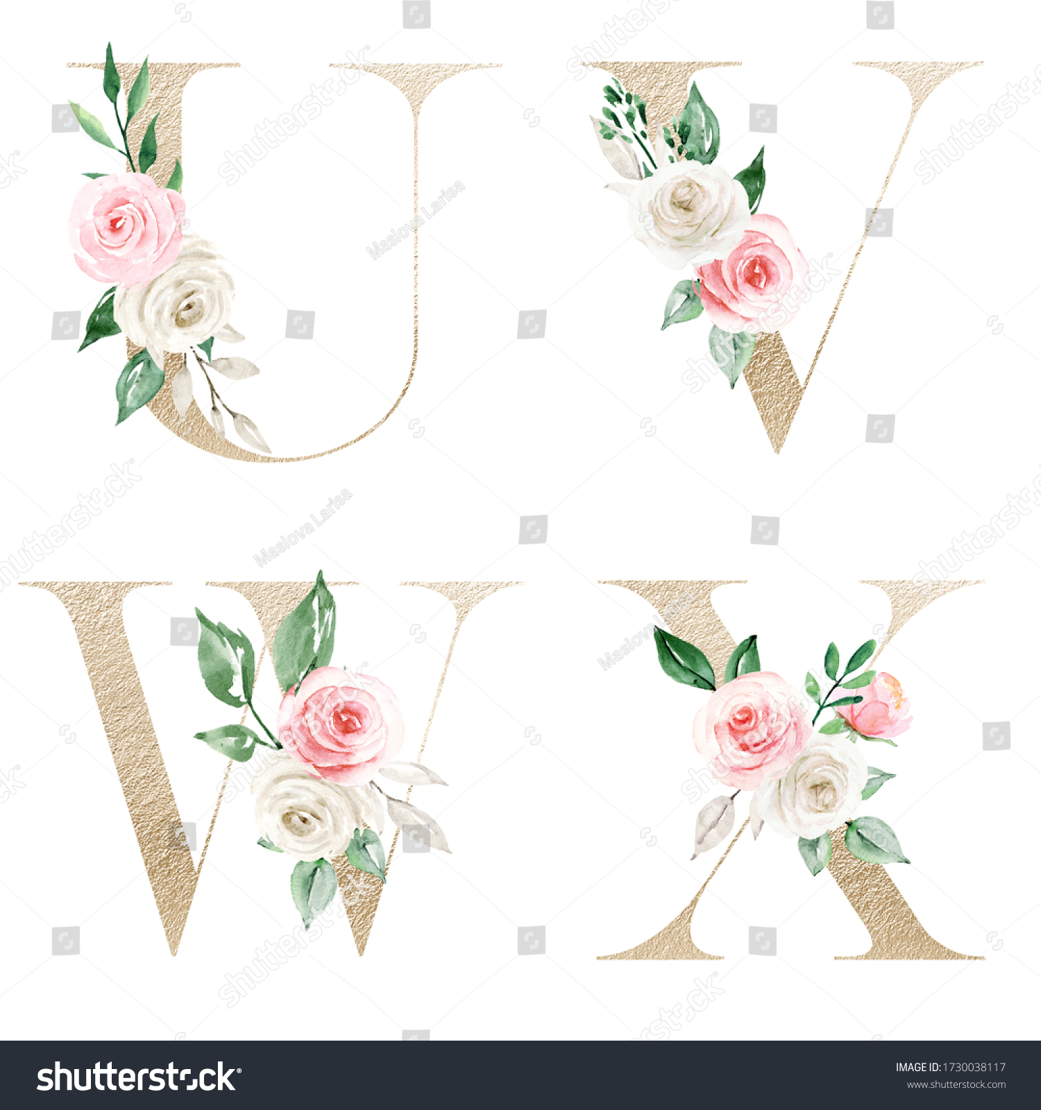 Floral Gold Alphabet Letters Watercolor Flowers Stock Illustration ...