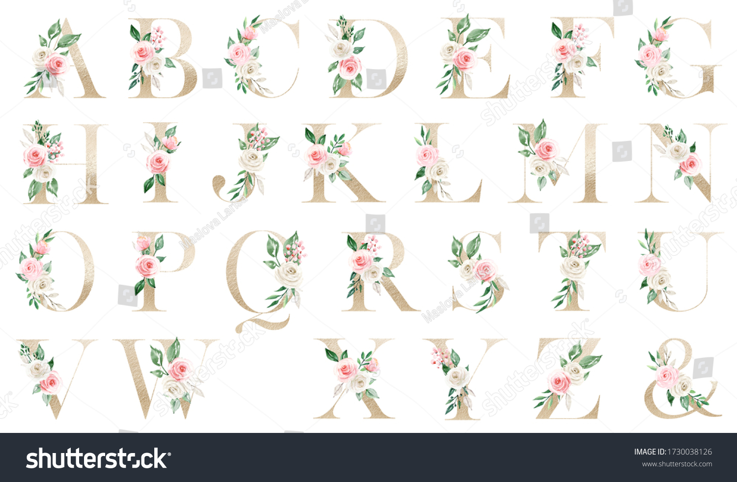 Floral Gold Alphabet Letters Watercolor Flowers Stock Illustration ...