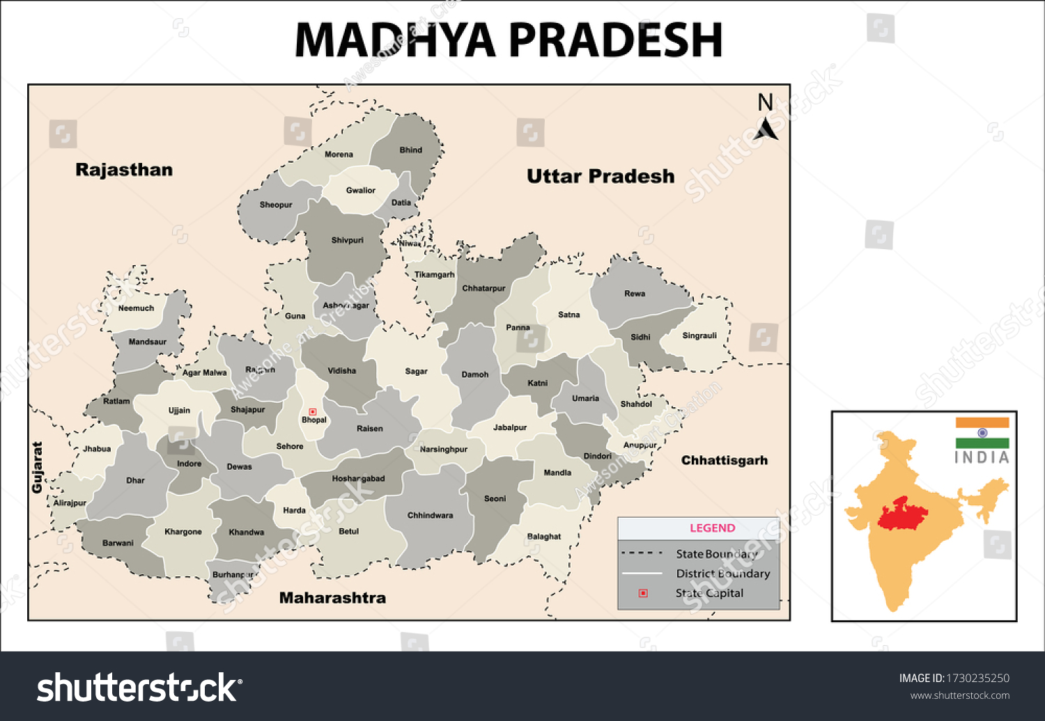 Madhya Pradesh Map Political Administrative Map Stock Vector (Royalty ...