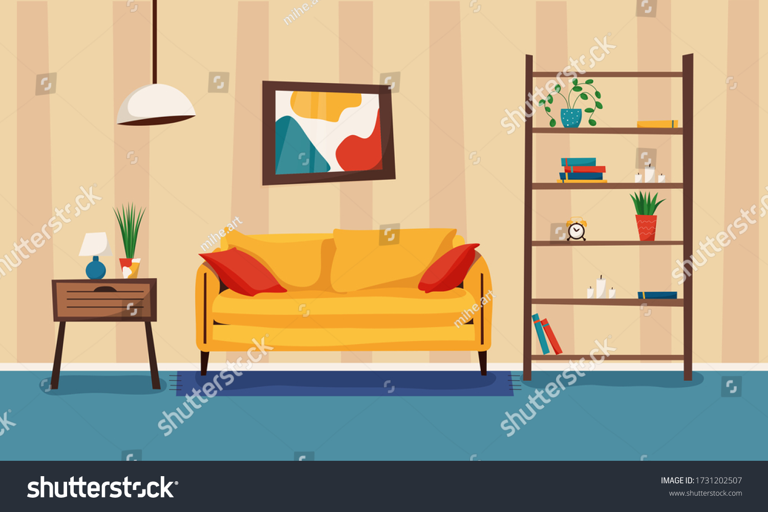 Cartoon Living Room Furniture Plants Cozy Stock Vector (Royalty Free ...