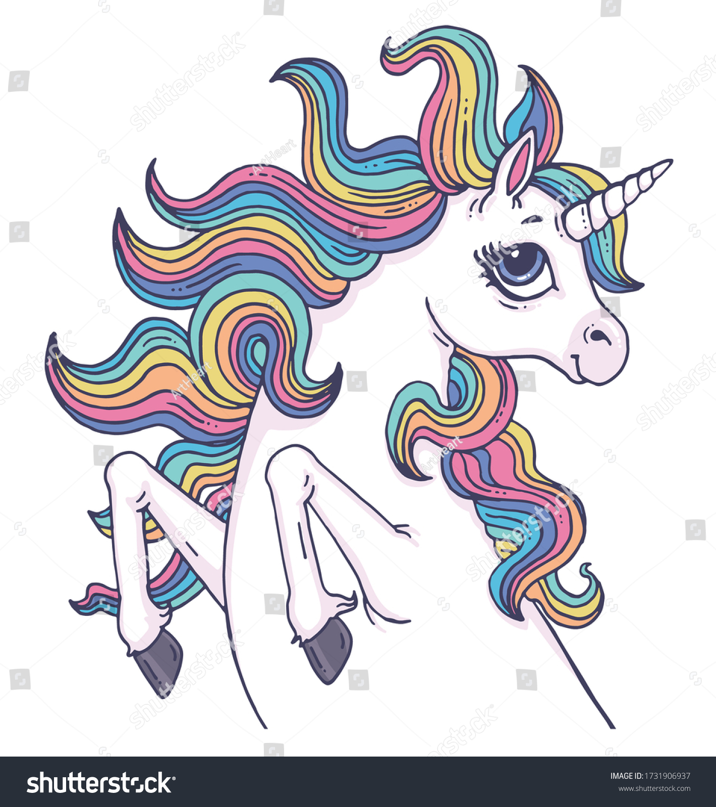 Beautiful Unicorn Portrait Flowing Rainbow Hair Stock Vector (royalty 