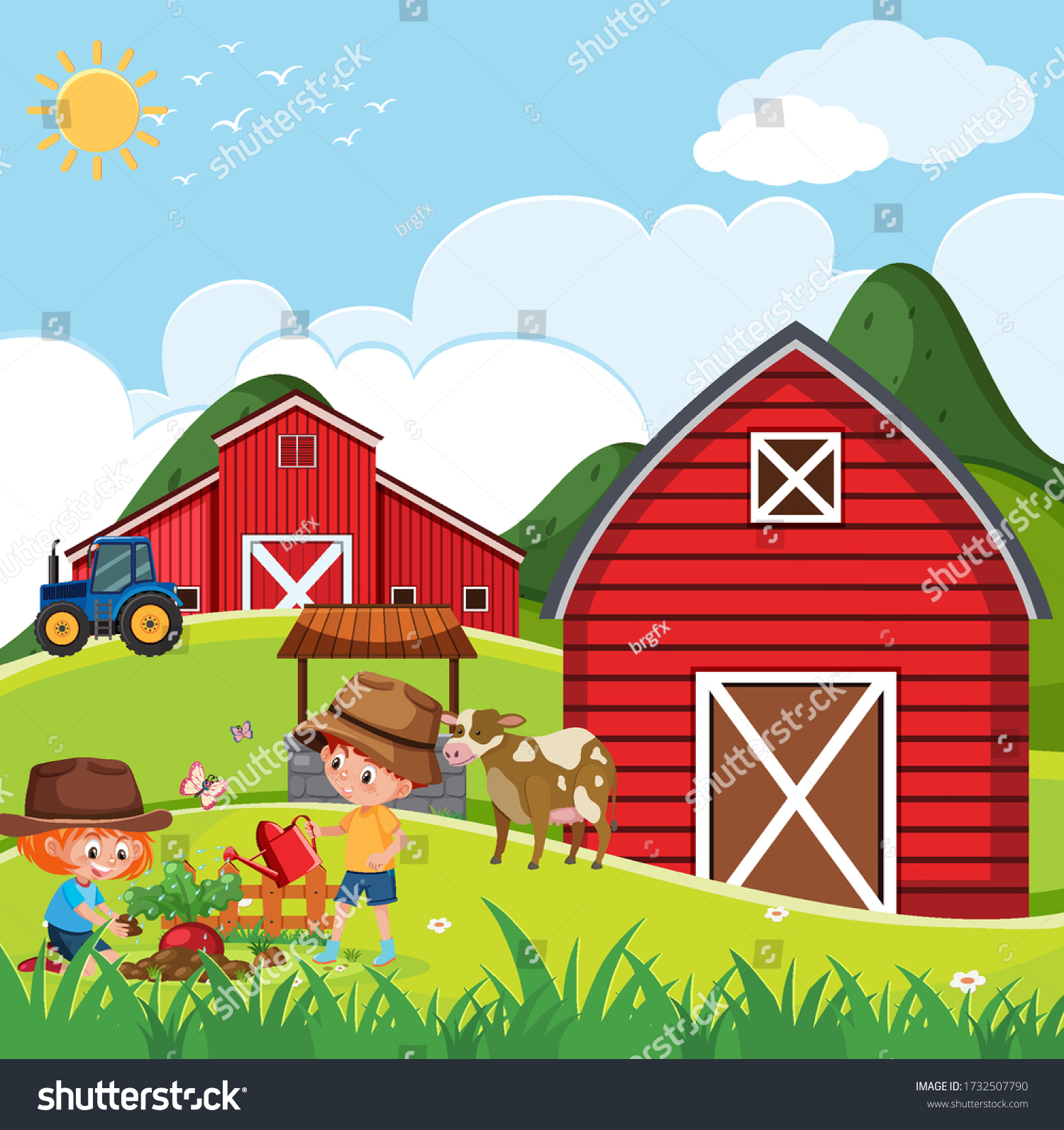 Farm Scene Happy Children Planting Vegetable Stock Vector (Royalty Free ...