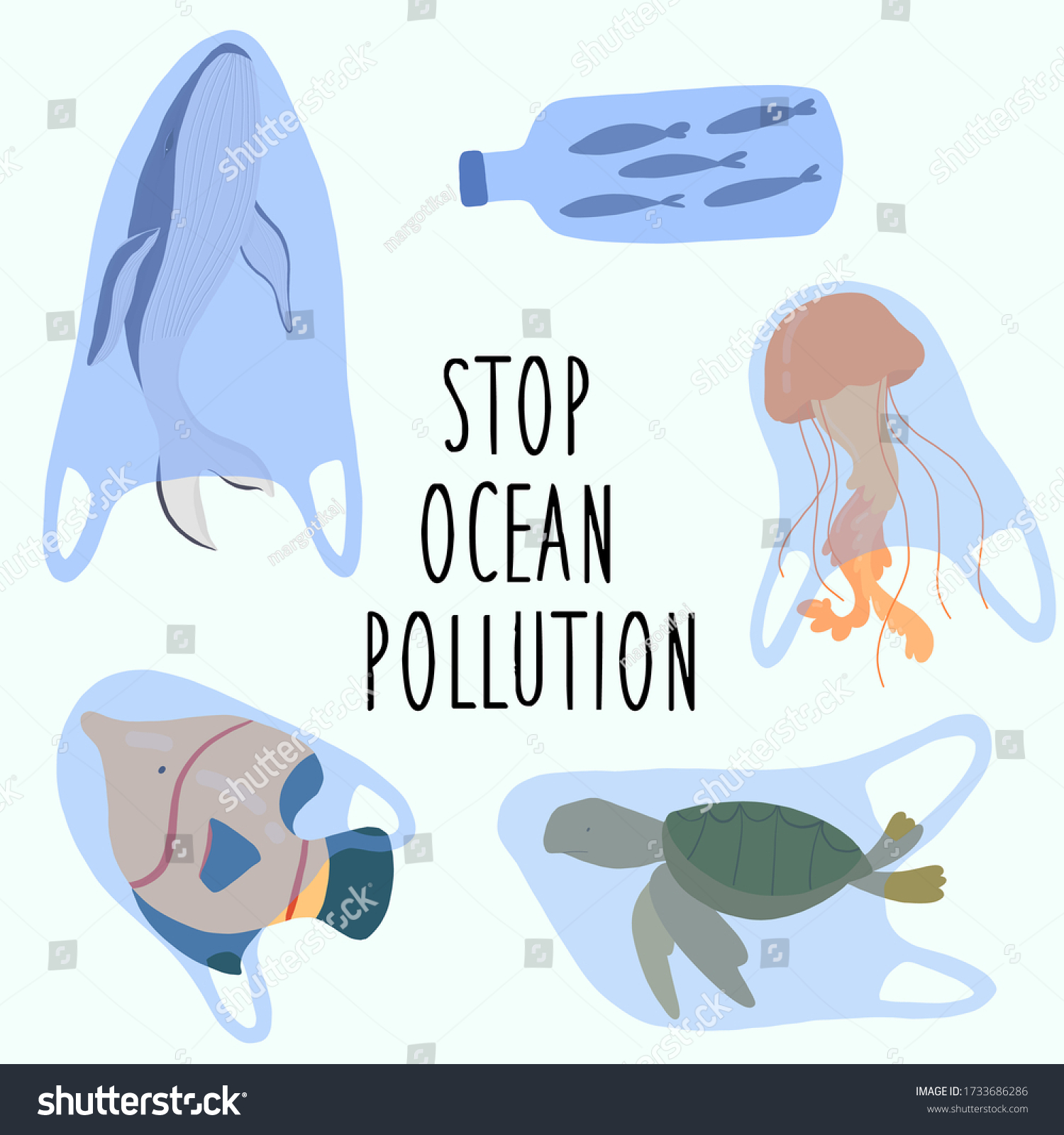 Slogan Stop Ocean Polutionwhale Jellyfish Turtle Stock Vector (Royalty ...