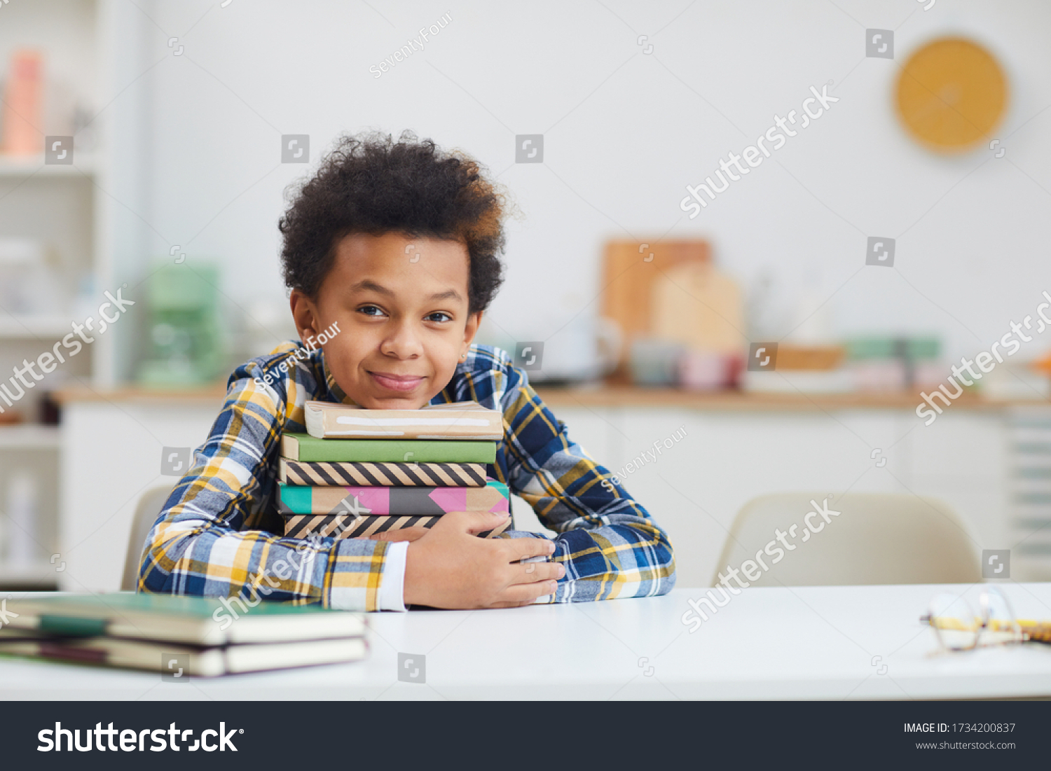 Portrait Cute Africanamerican Boy Holding Stack Stock Photo 1734200837 ...