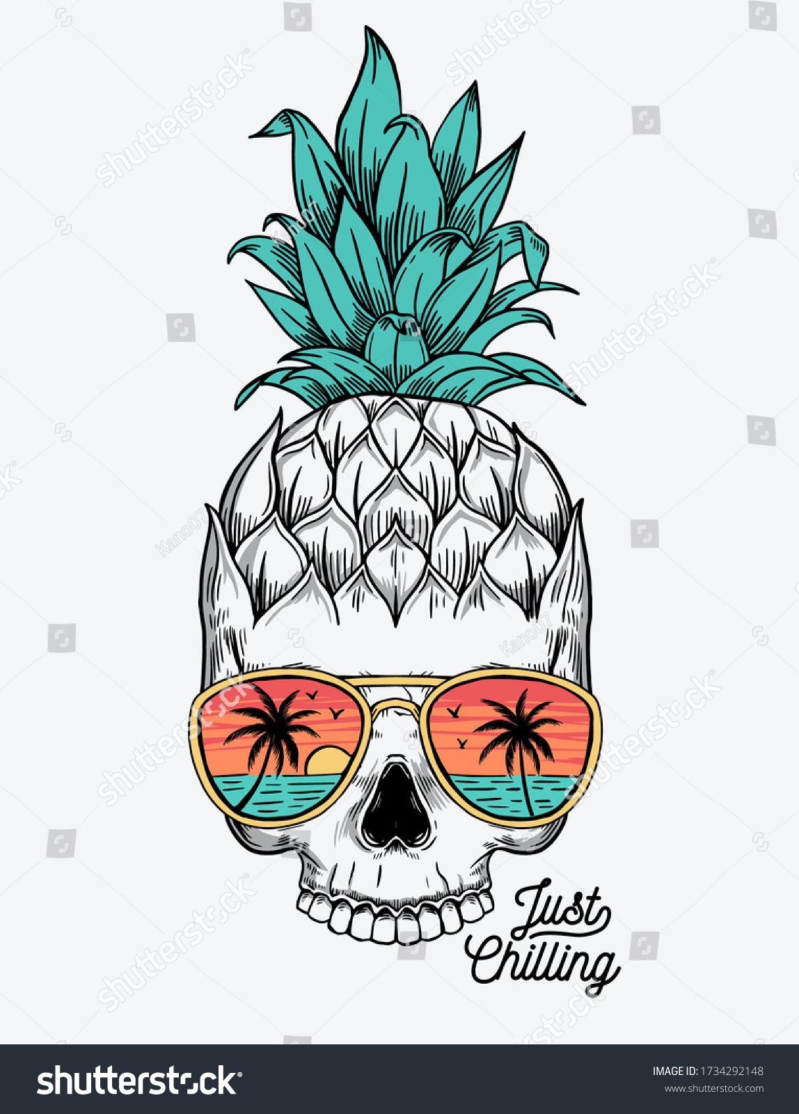 Hand Drawn Vector Pineapple Skull Sunglasses Stock Vector Royalty Free