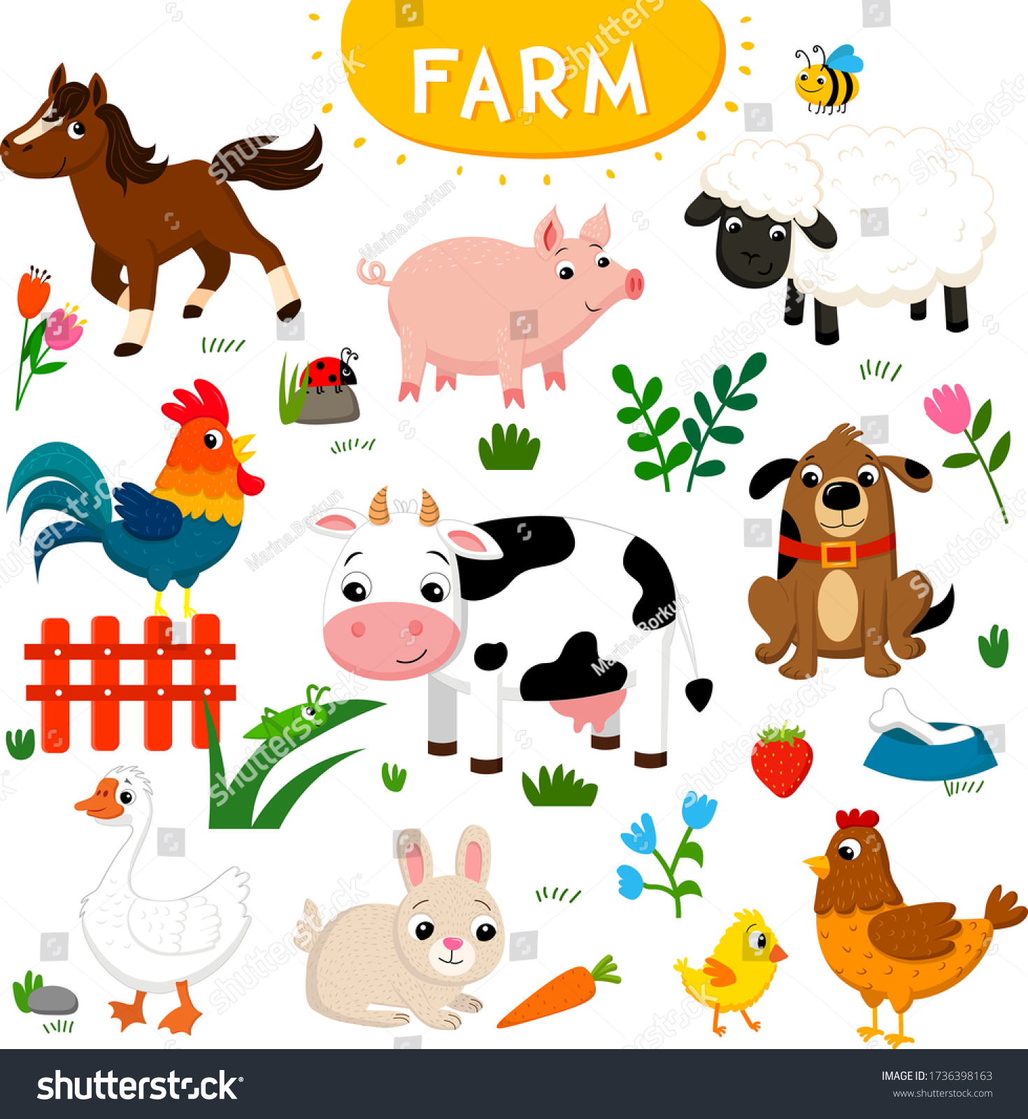 Funny Cartoon Farm Animals Set Stock Vector (Royalty Free) 1736398163 ...