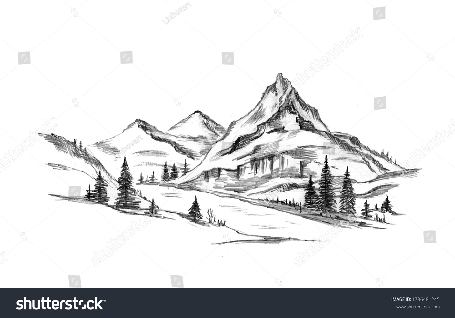 Mountain Landscape Sketch Mountains River Trees Stock Illustration ...