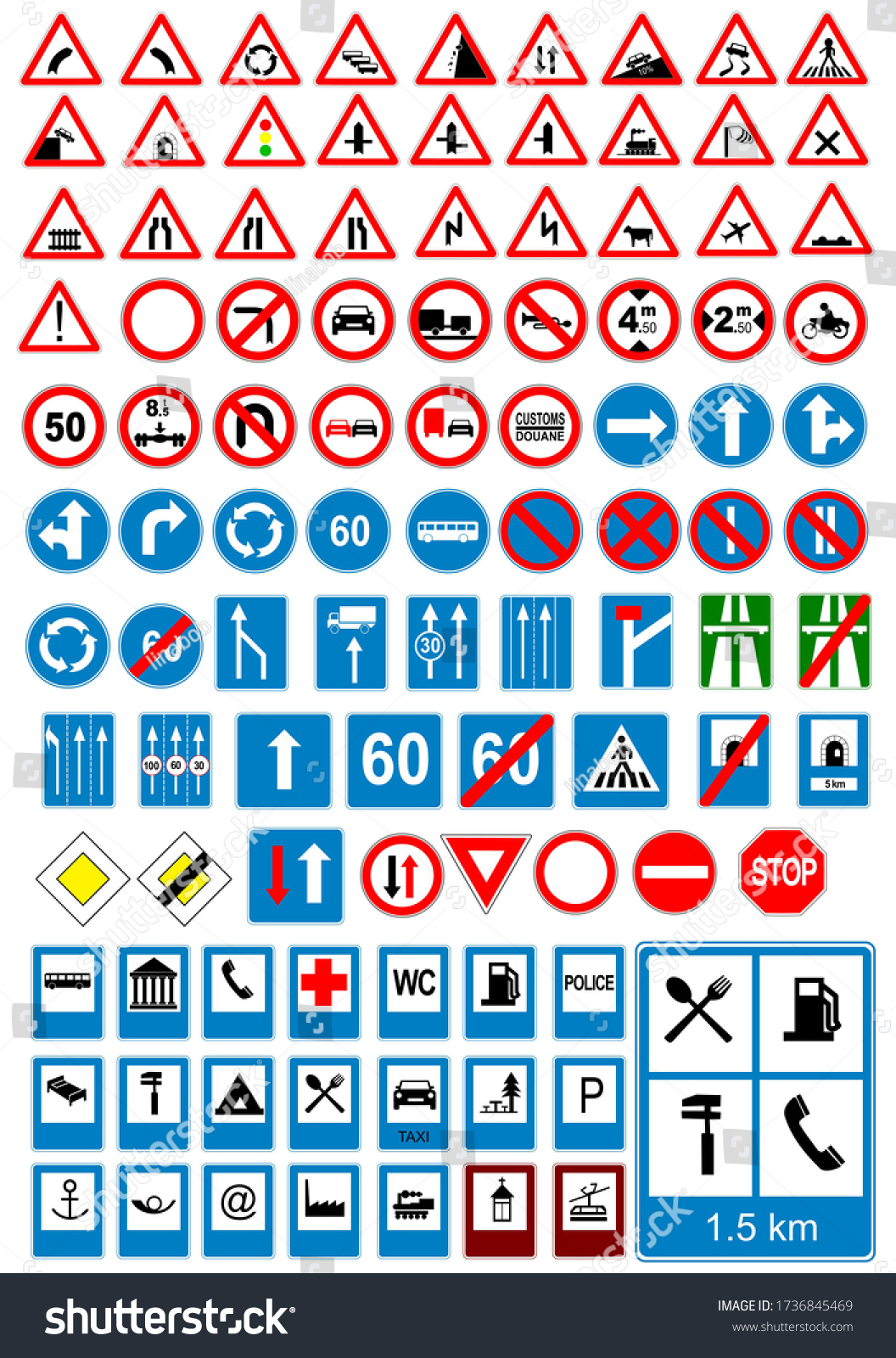 Road Sign Icons Traffic Signs Color Stock Illustration 1736845469 