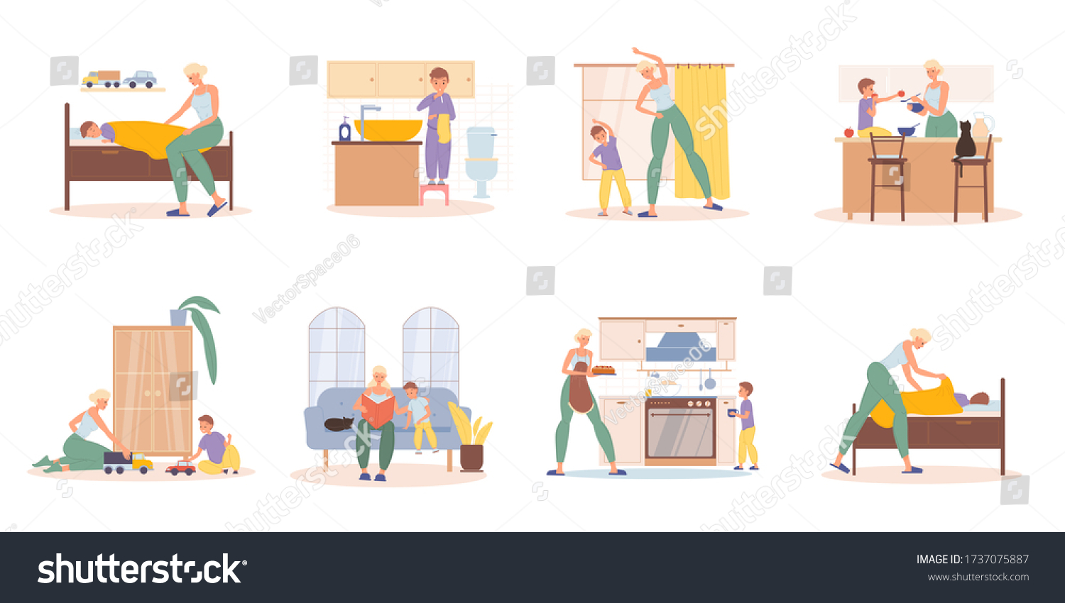 Mother Preschool Son Daily Activities Scene Stock Vector (Royalty Free ...