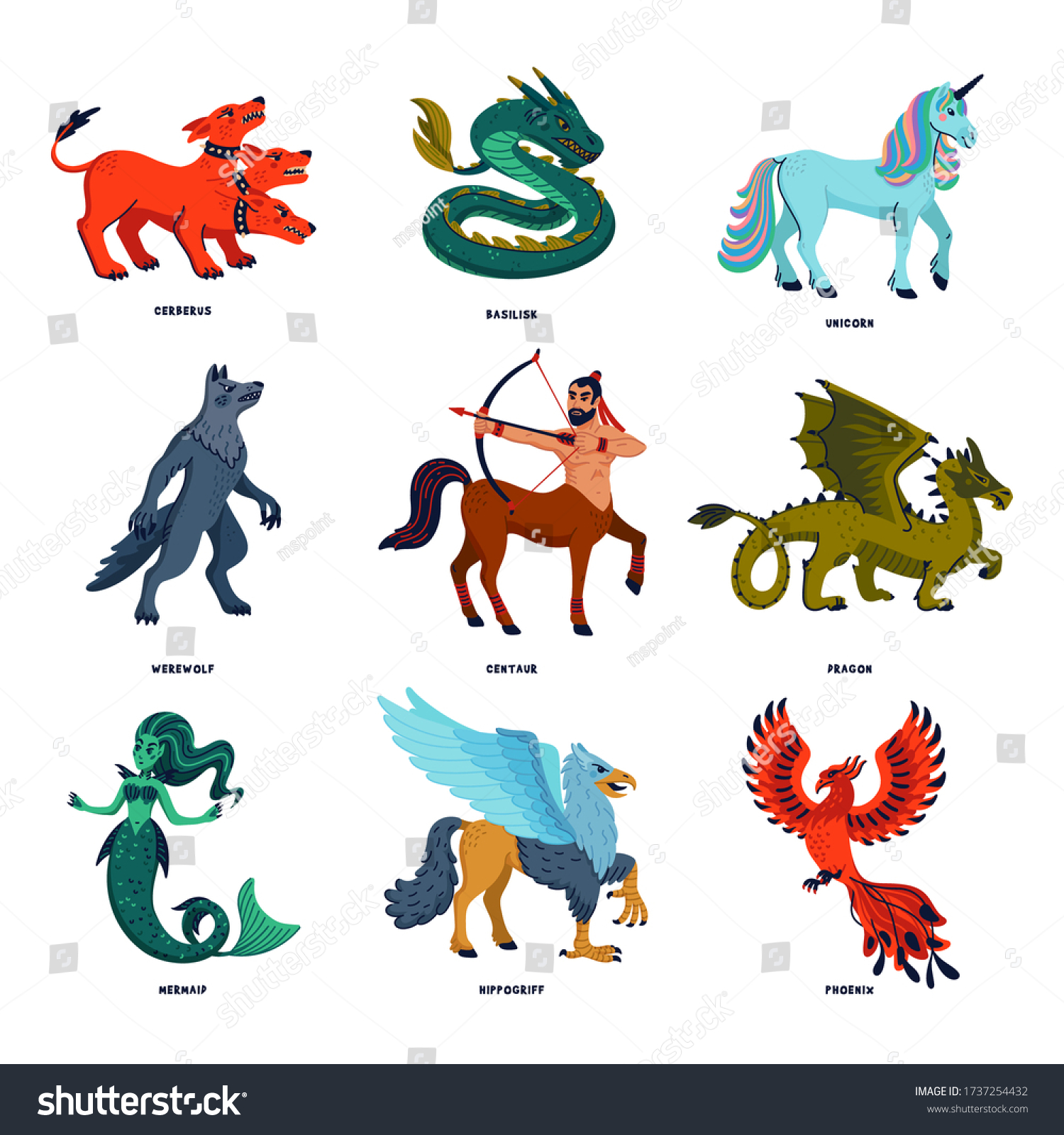 Magical Creatures Set Mythological Animals Flat Stock Vector (Royalty ...