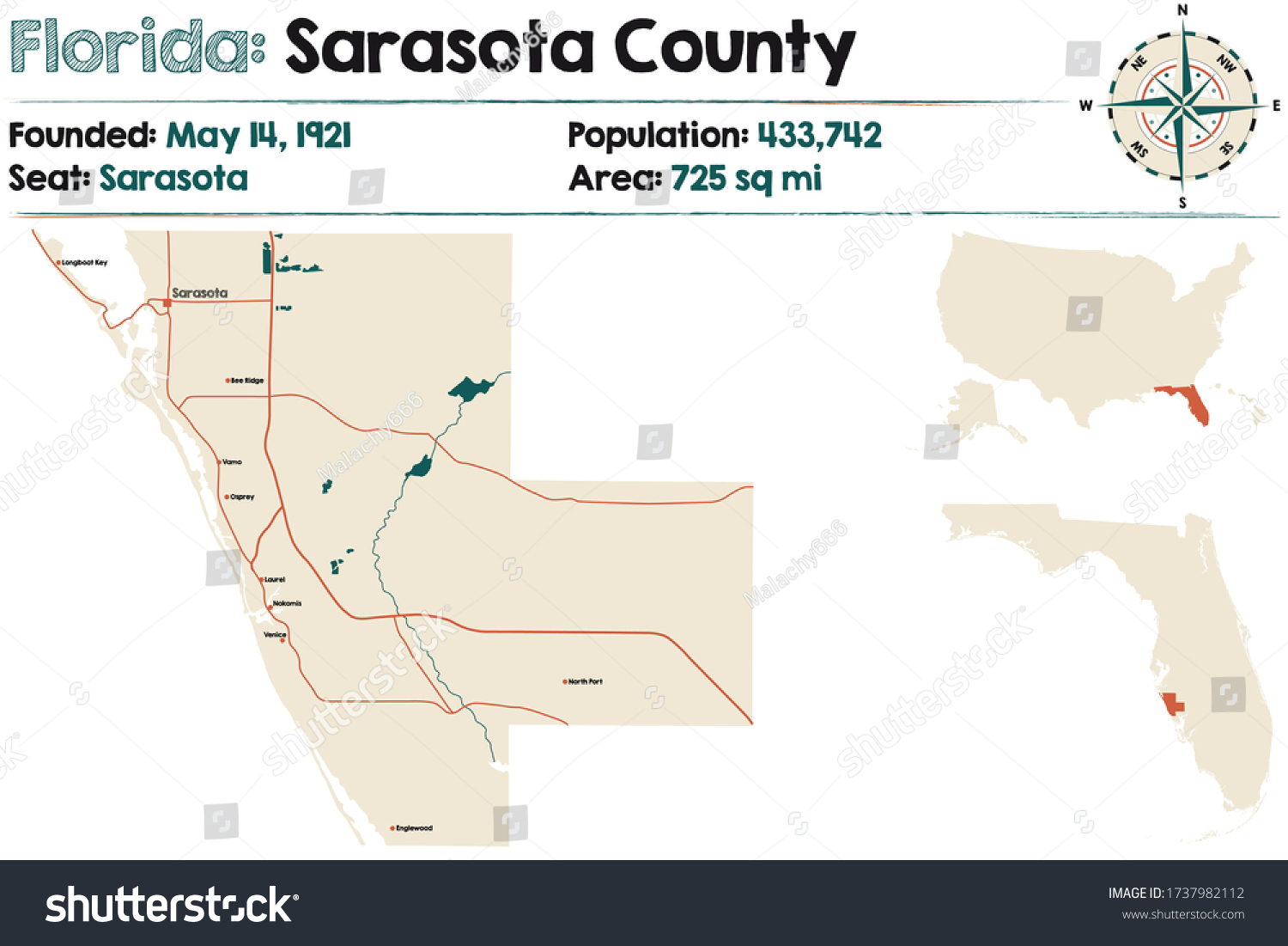 Large Detailed Map Sarasota County Florida Stock Vector (Royalty Free