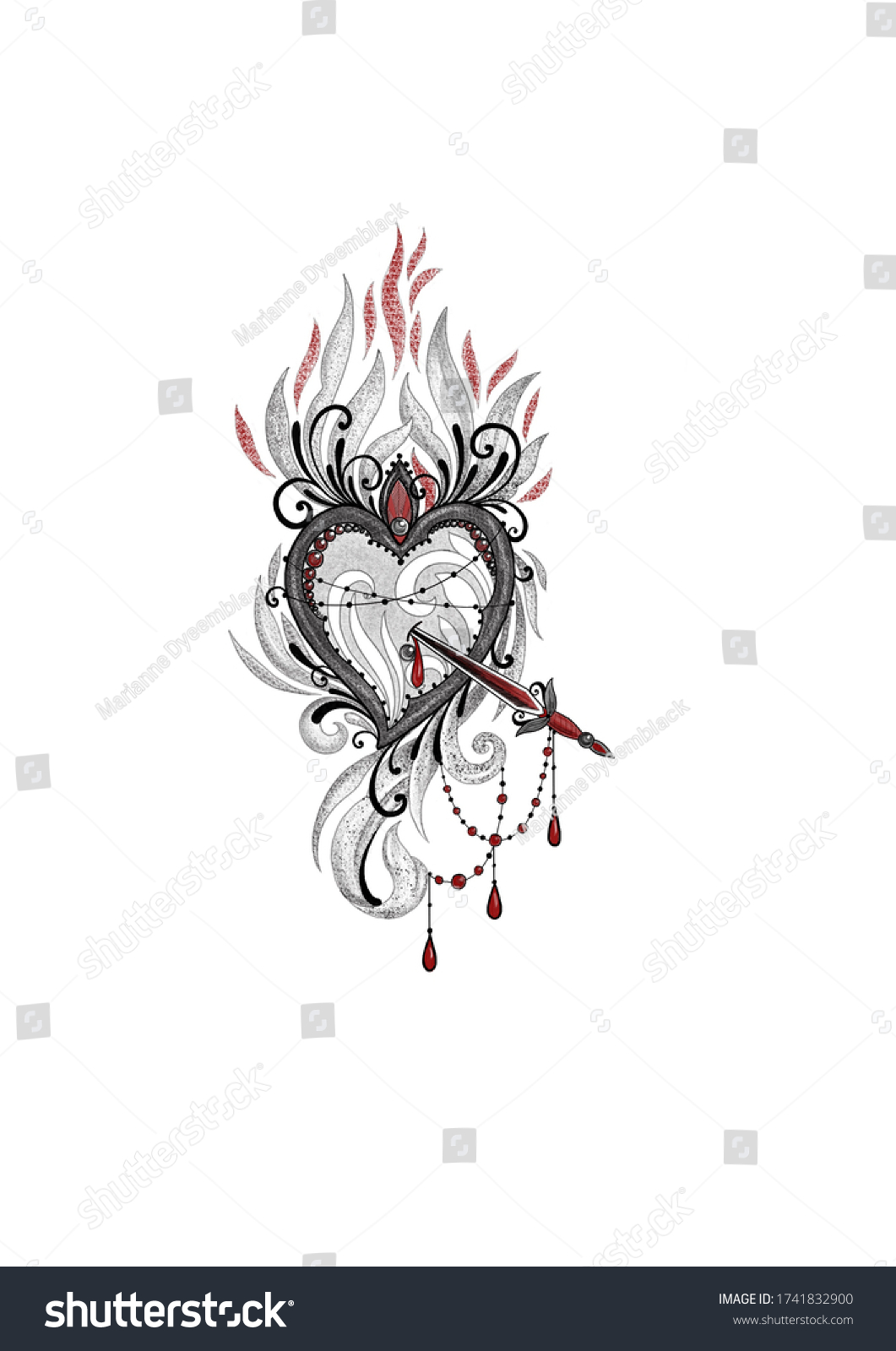 Illustration Neotraditional Sacred Heart Flames Dagger Stock ...