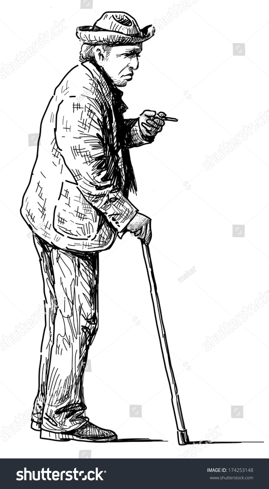 Старик с тросточкой нарисованный