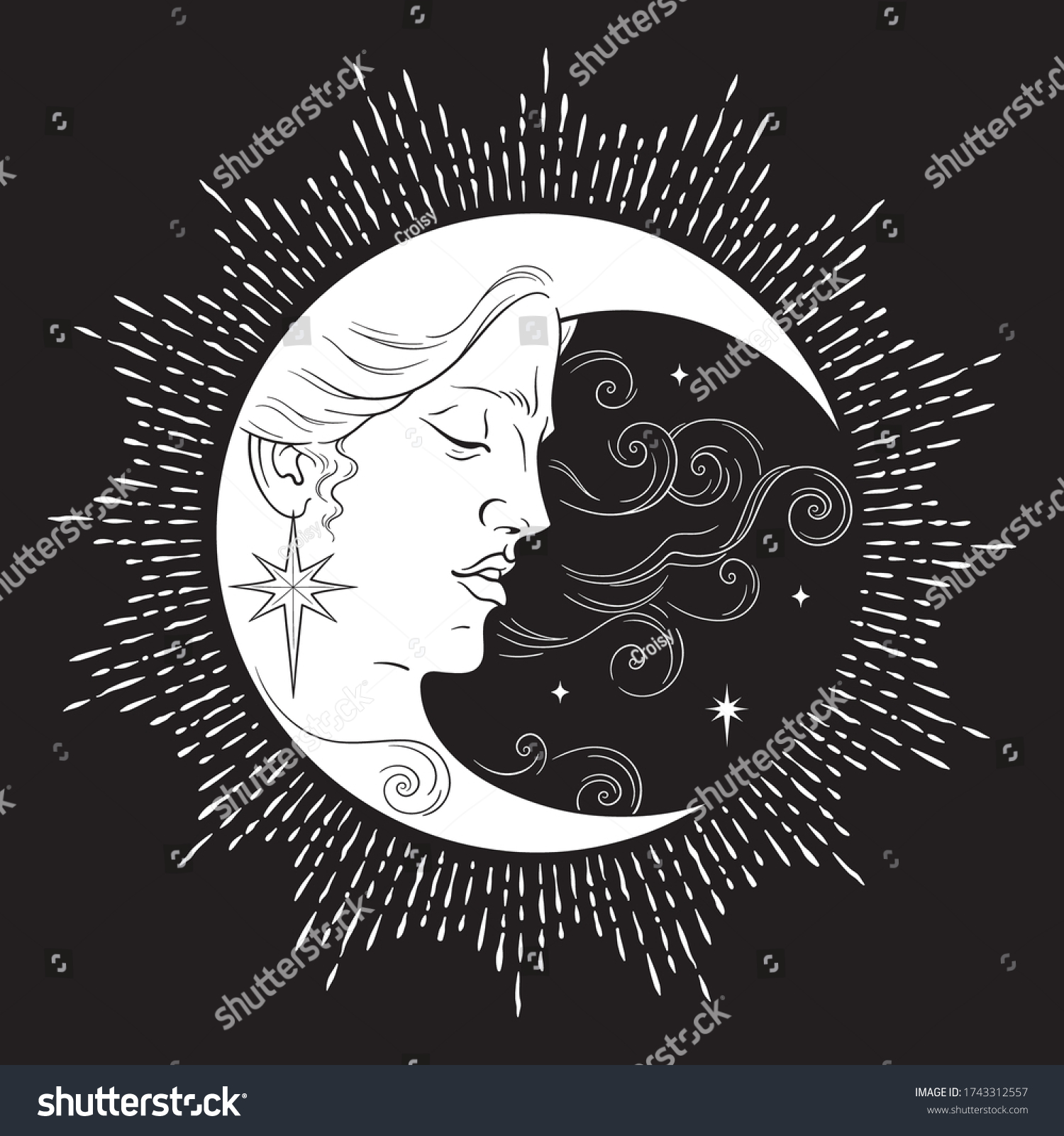 Crescent Moon Stars Antique Style Hand Stock Vector (Royalty Free ...