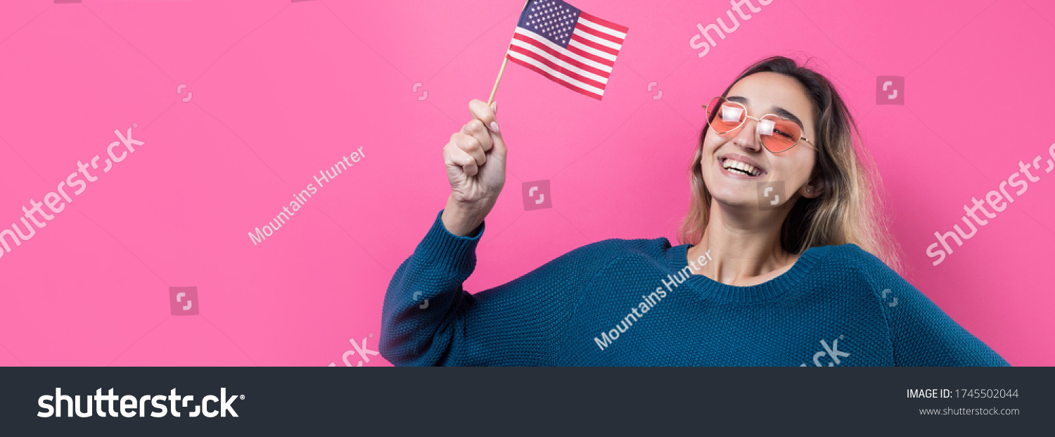 Happy Young Woman Holding American Flag Stock Photo 1745502044 ...