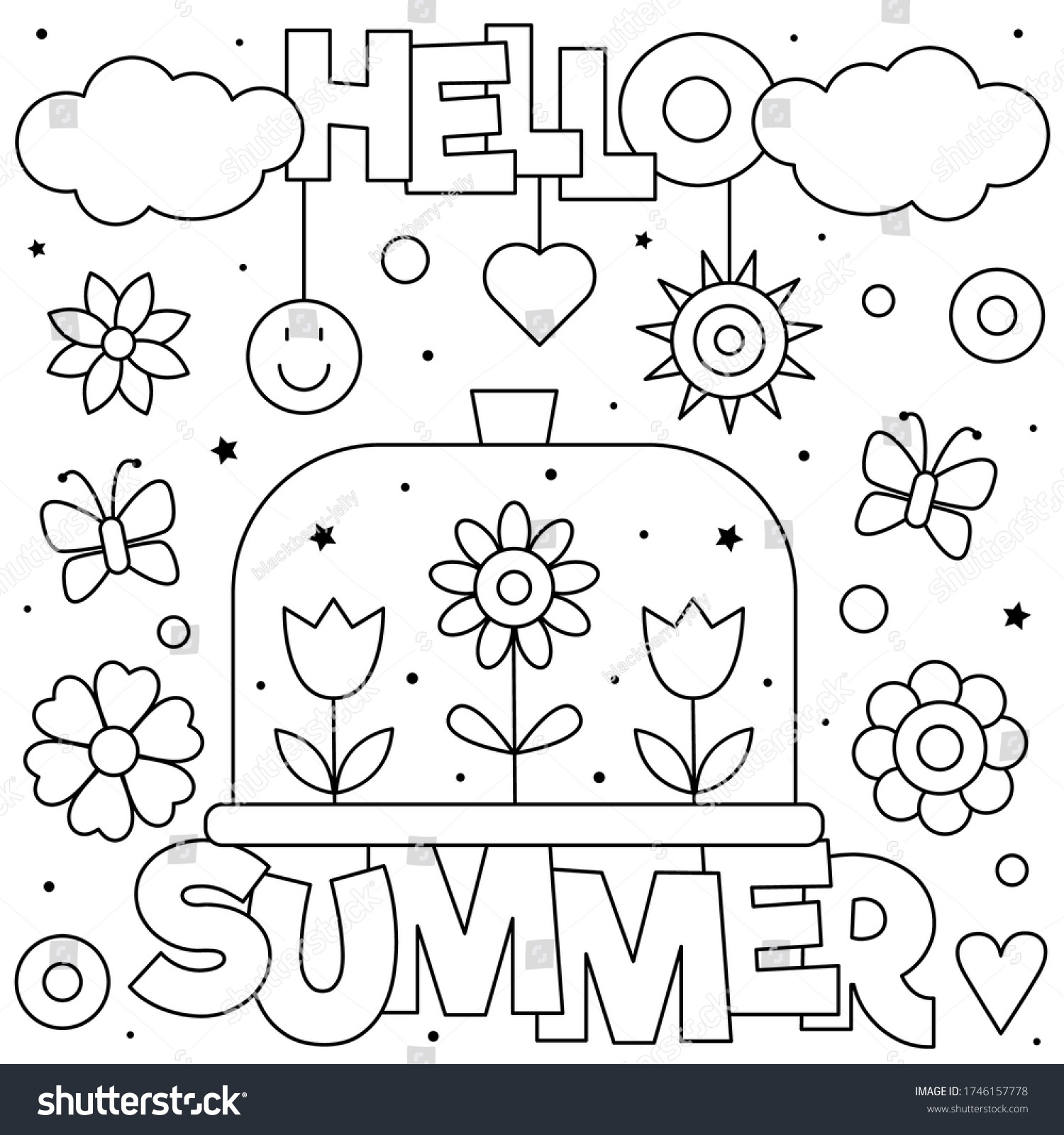 Hello Summer Coloring Page Black White Stock Vector (Royalty Free ...