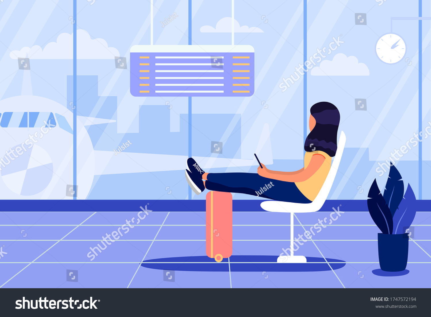 Young Woman Sittinding Near Window Airport Stock Vector (Royalty Free ...