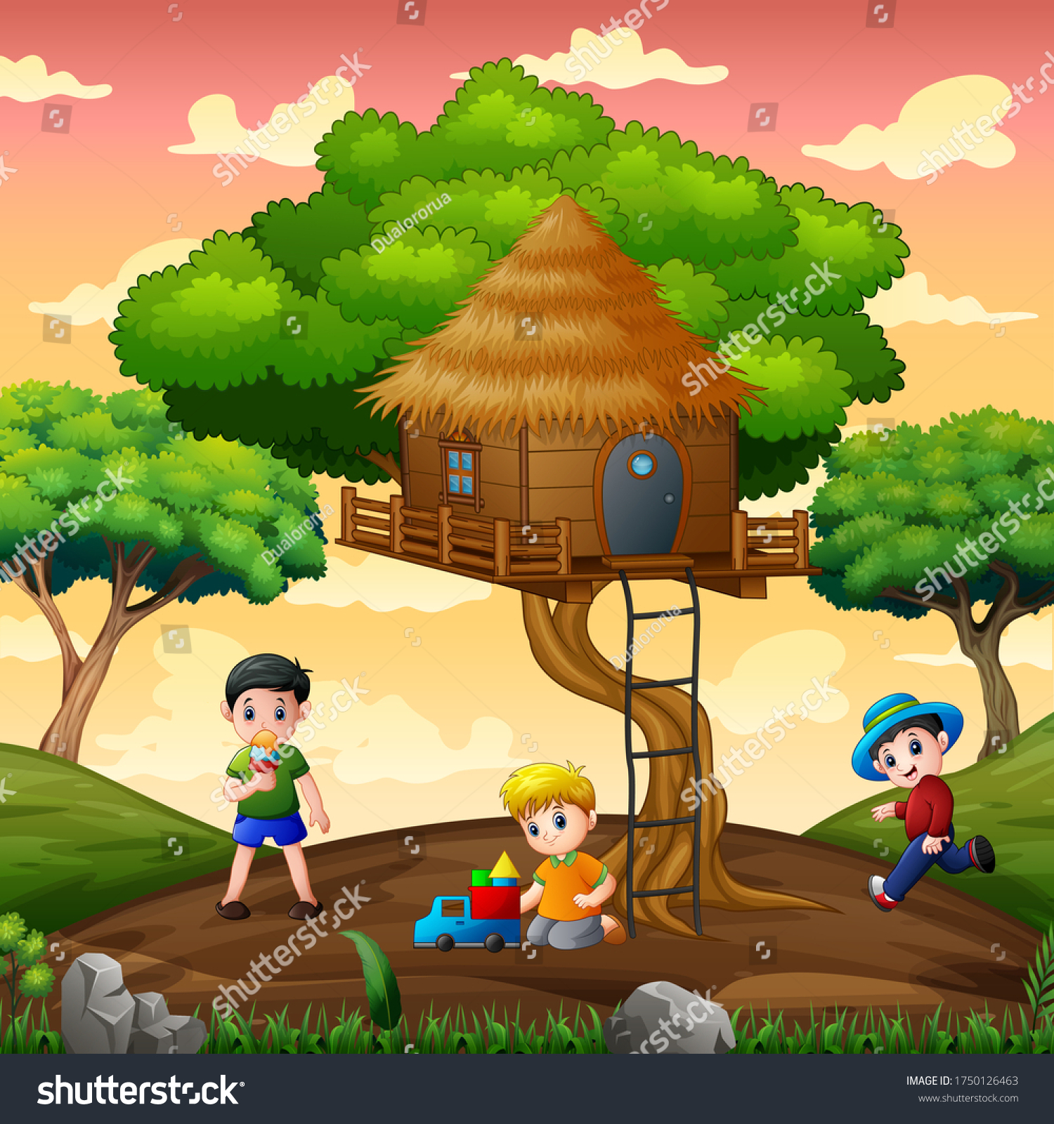 Funny Children Playing Under Tree House Stock Illustration 1750126463 ...