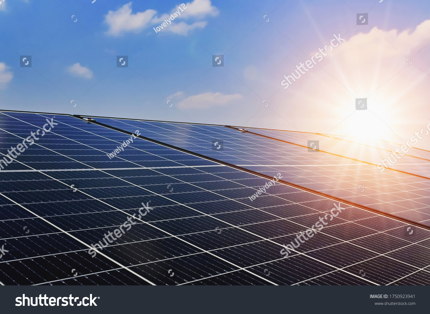 Solar Panels Sunset Blue Sky Background Stock Photo 1750923941 ...