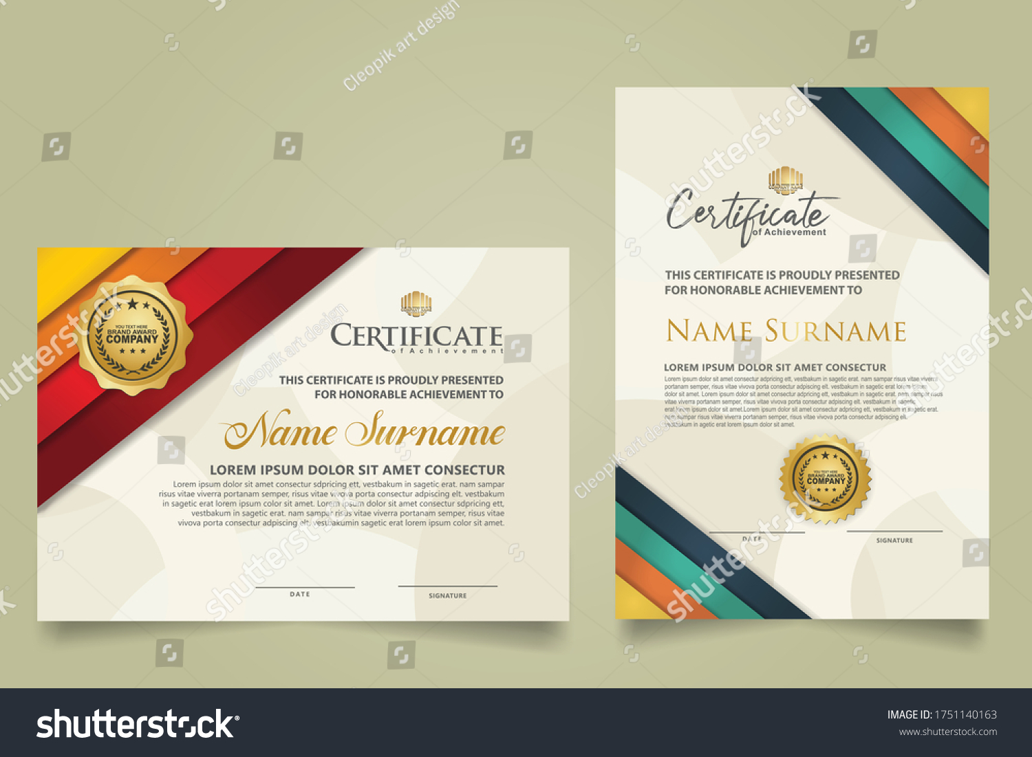 Set Horizontal Vertical Certificate Template Stripes Stock Vector