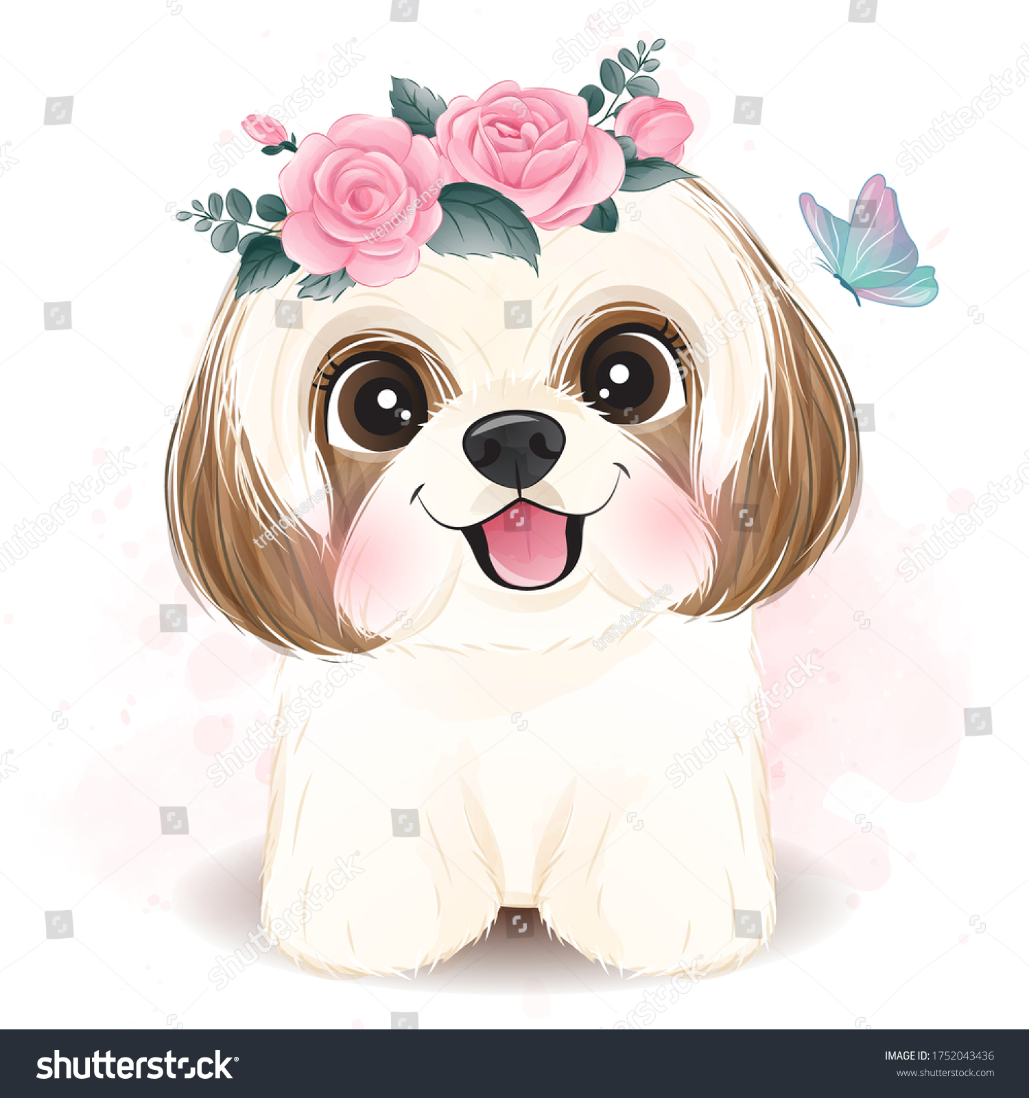 Cute Little Shih Tzu Floral Illustration Stock Vector (Royalty Free ...