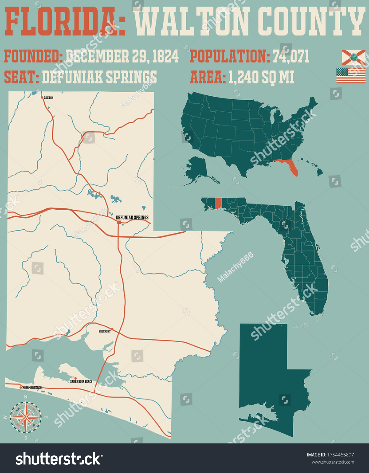 Large Detailed Map Walton County Florida Stock Vector (royalty Free 