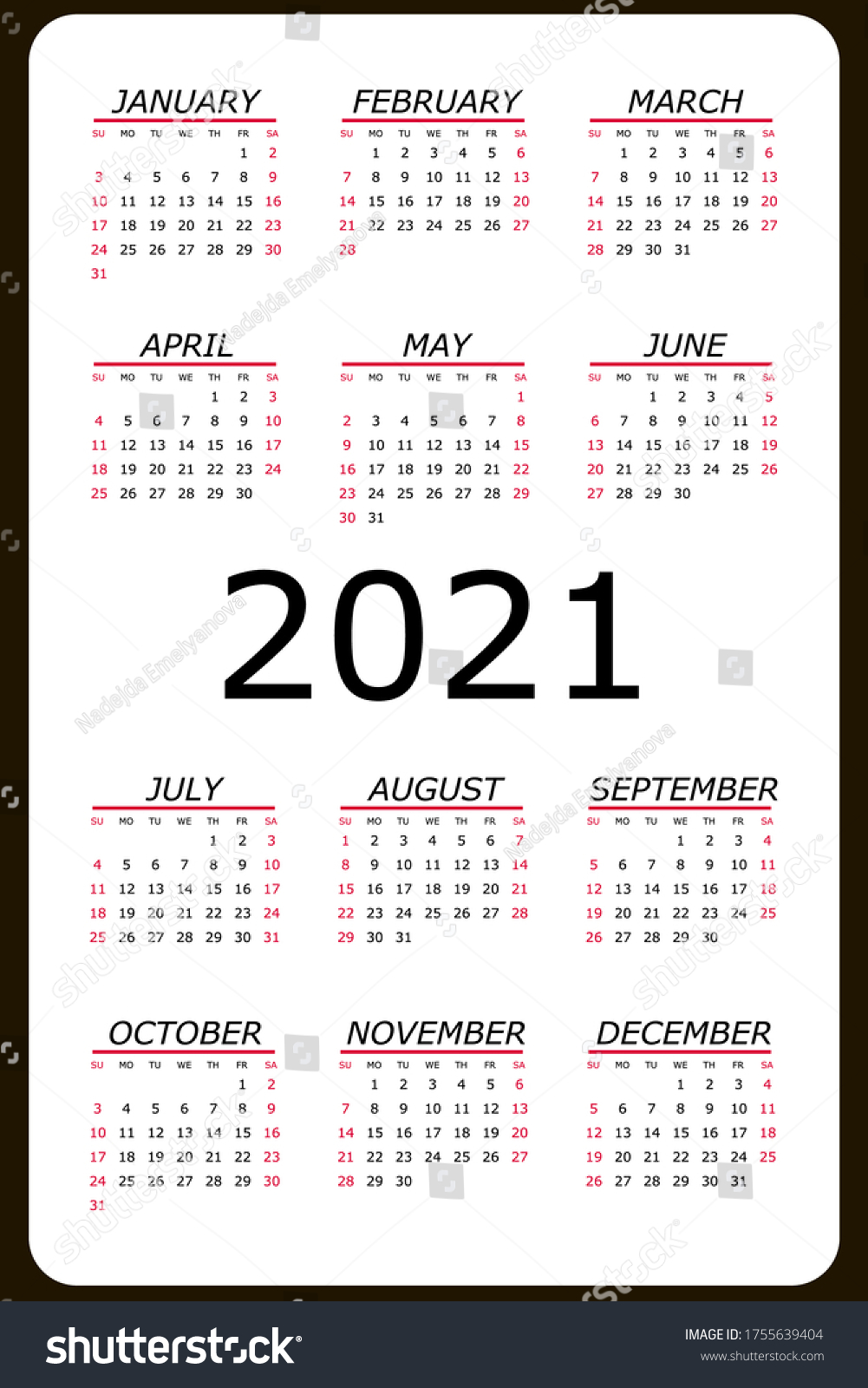 Calendar 2021 Yearly Week Starts On Stock Vector (royalty Free 