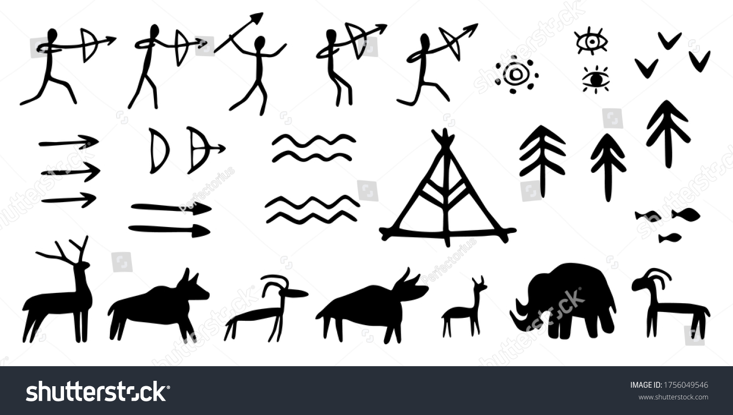 Stock Vector Vector Set Of Rock Paintings Of Prehistoric Humans Animals Weapons Cave Drawings Of Different 1756049546 
