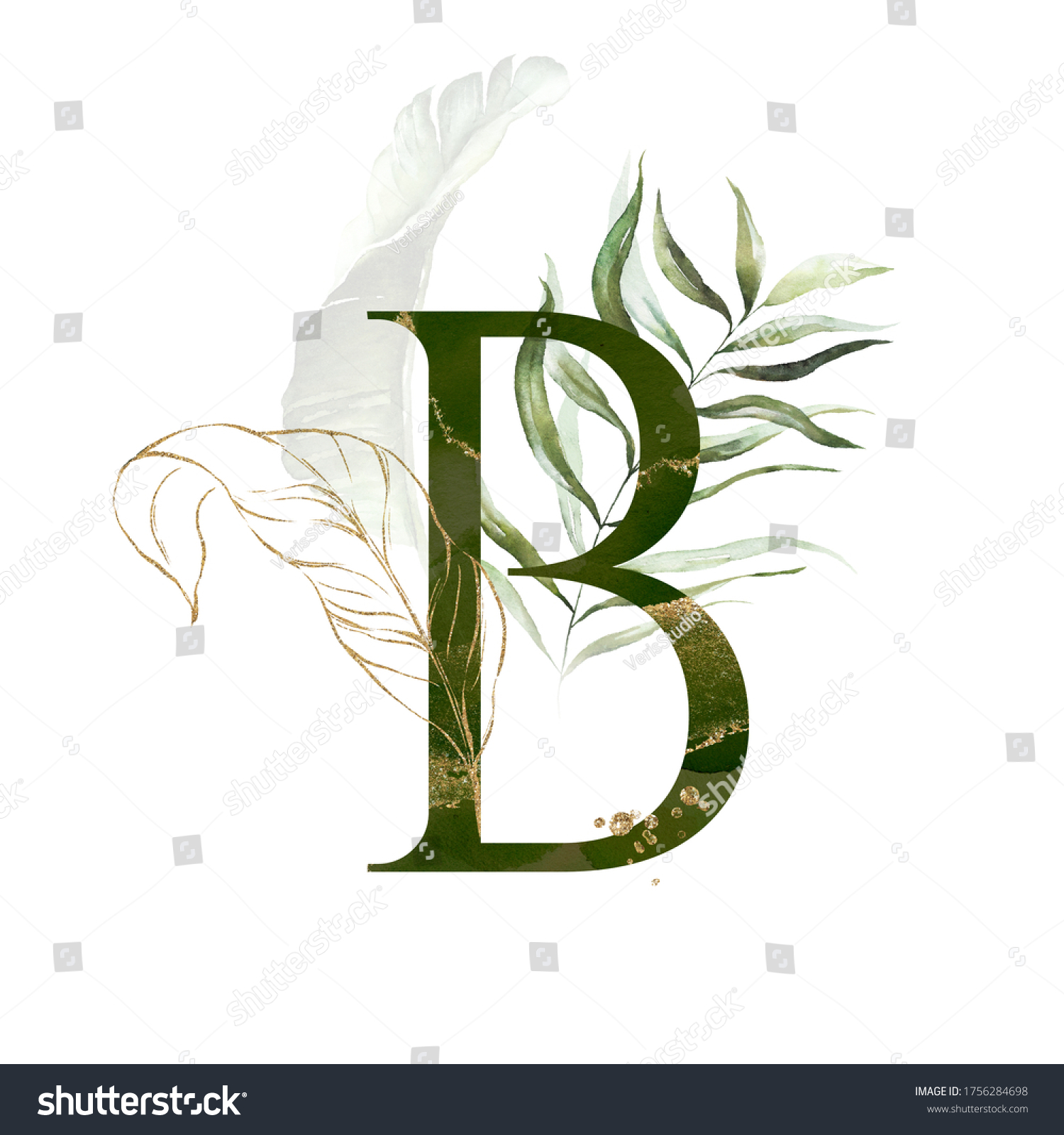 Tropical Green Gold Floral Alphabet Letter Stock Illustration ...