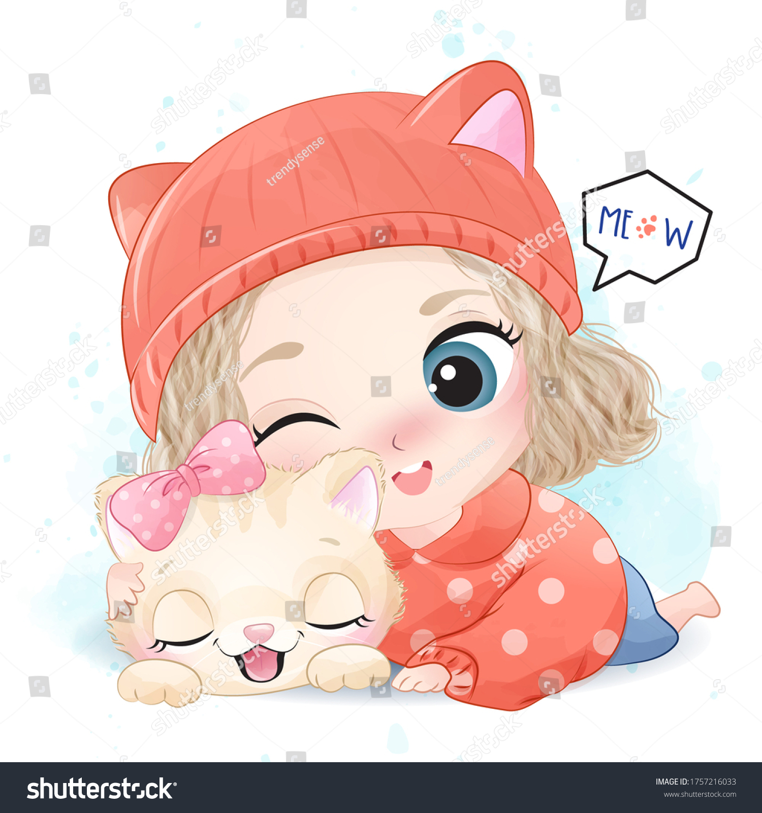 Cute Girl Little Kitty Illustration Stock Illustration 1757216033 ...