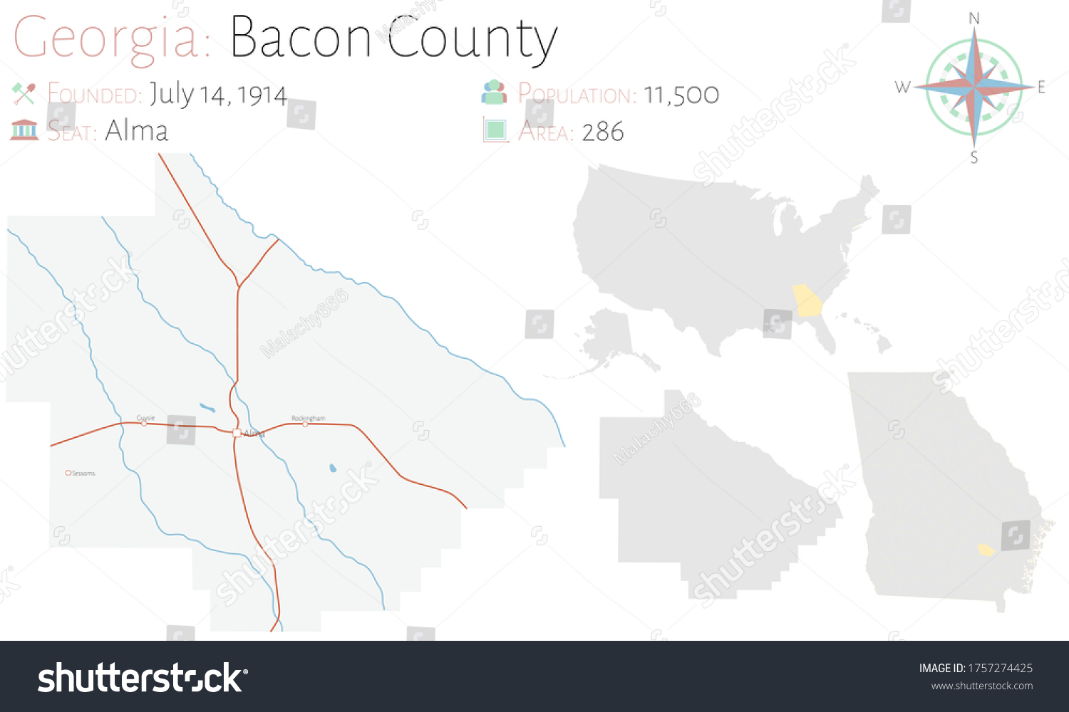 Large Detailed Map Bacon County Georgia Stock Vector (Royalty Free ...